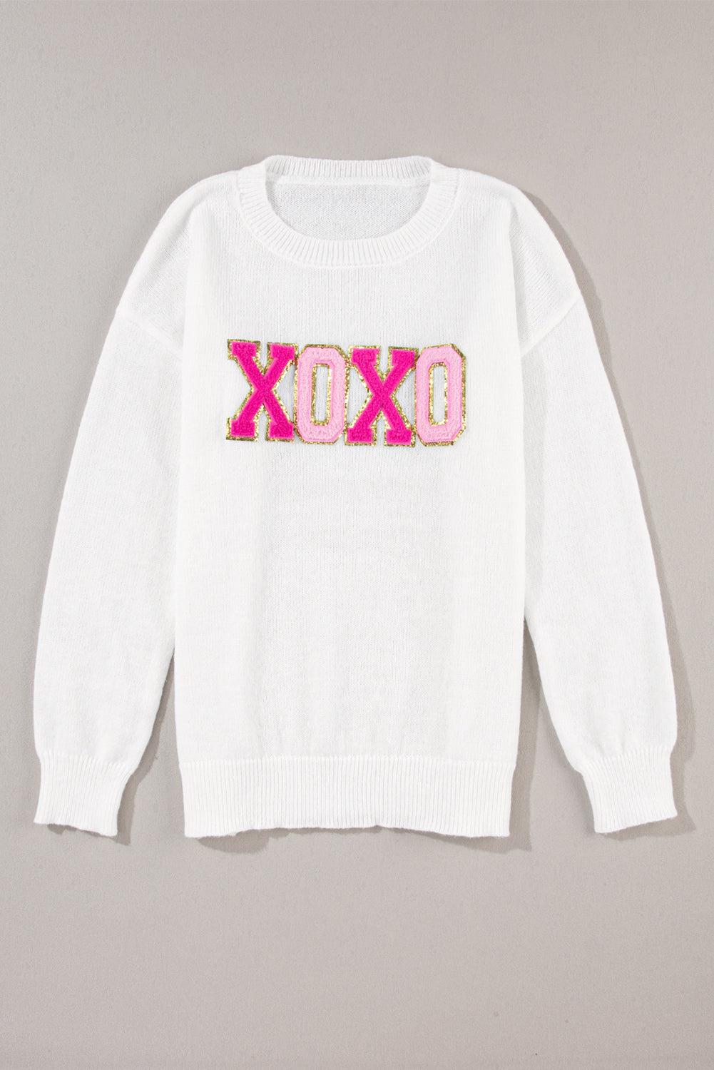 White XOXO Glitter Print Round Neck Casual Sweater eAura