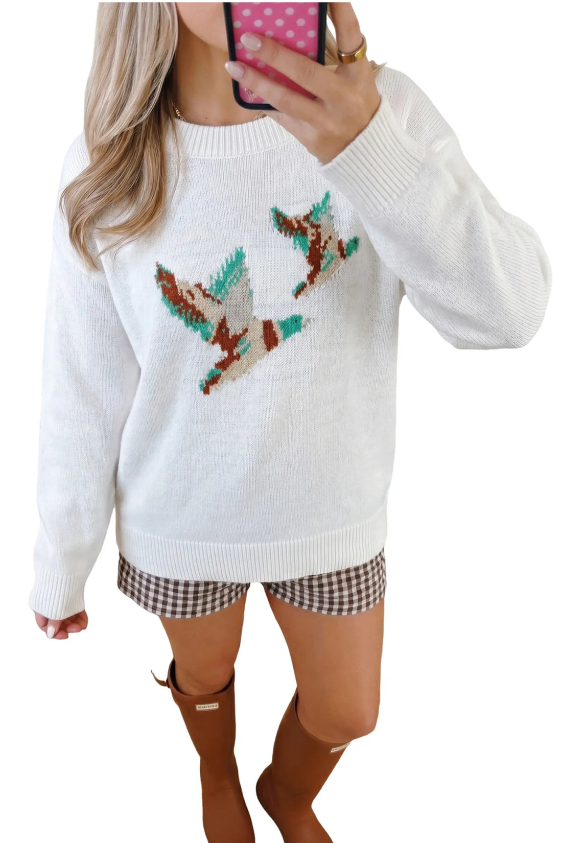 Retro Flying Mallard Pattern Drop Shoulder Pullover Sweater – White