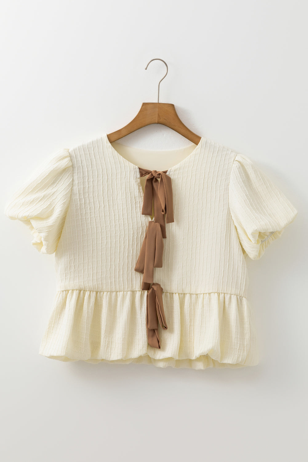 White Textured Bow Ties Front Bubble Hem Puff Short Sleeve Blouse eAura