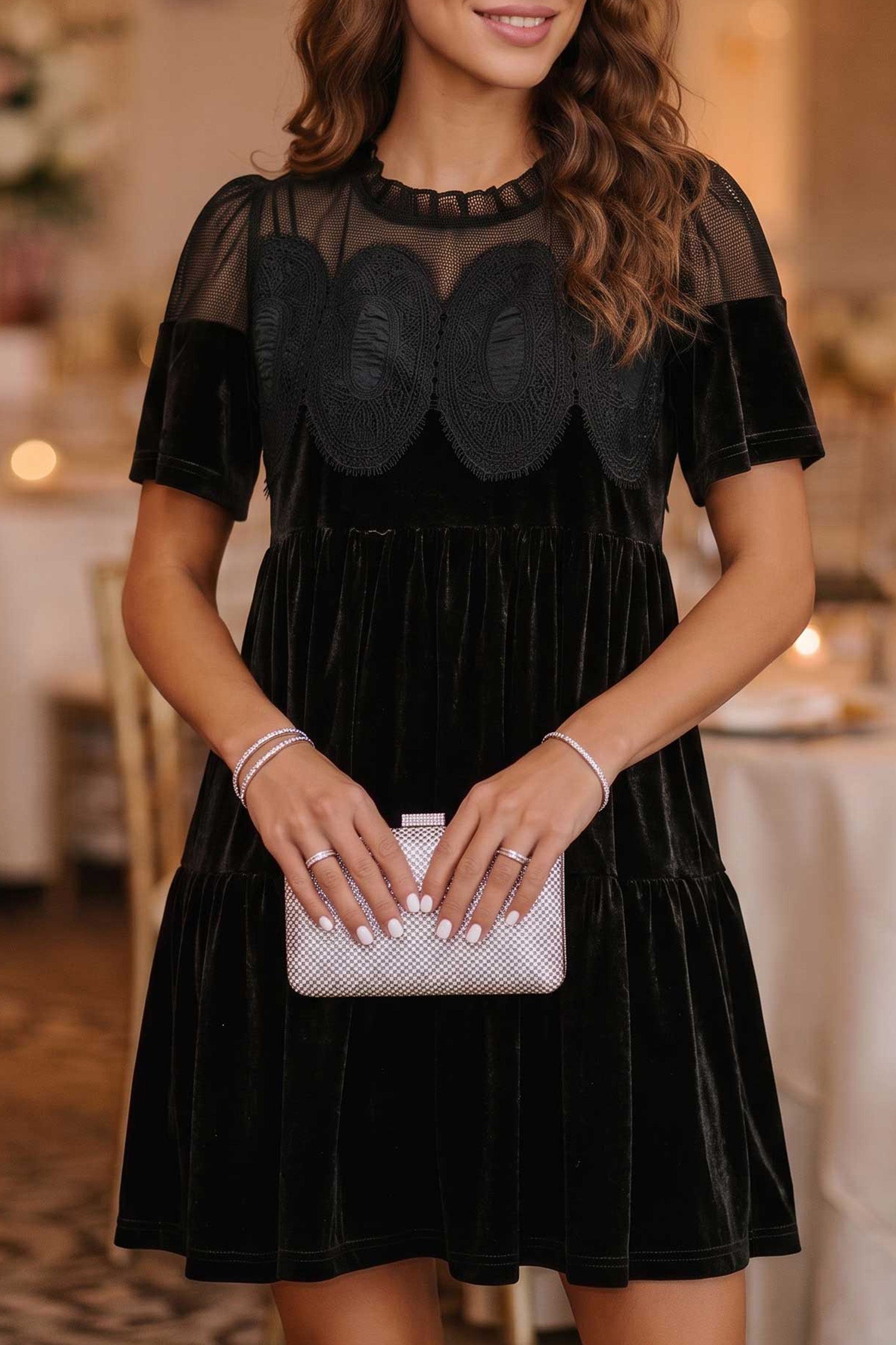 Embroidered Velvet Short Sleeve Mini Shift Dress – Black