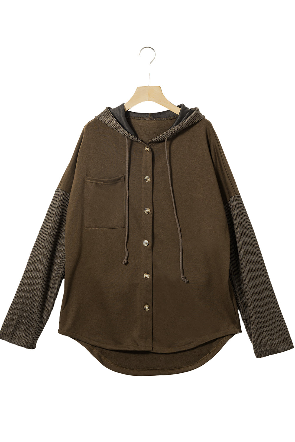 Grey Button Up Contrast Knitted Sleeves Hooded Jacket Beagle Boutique Fashion Outlet