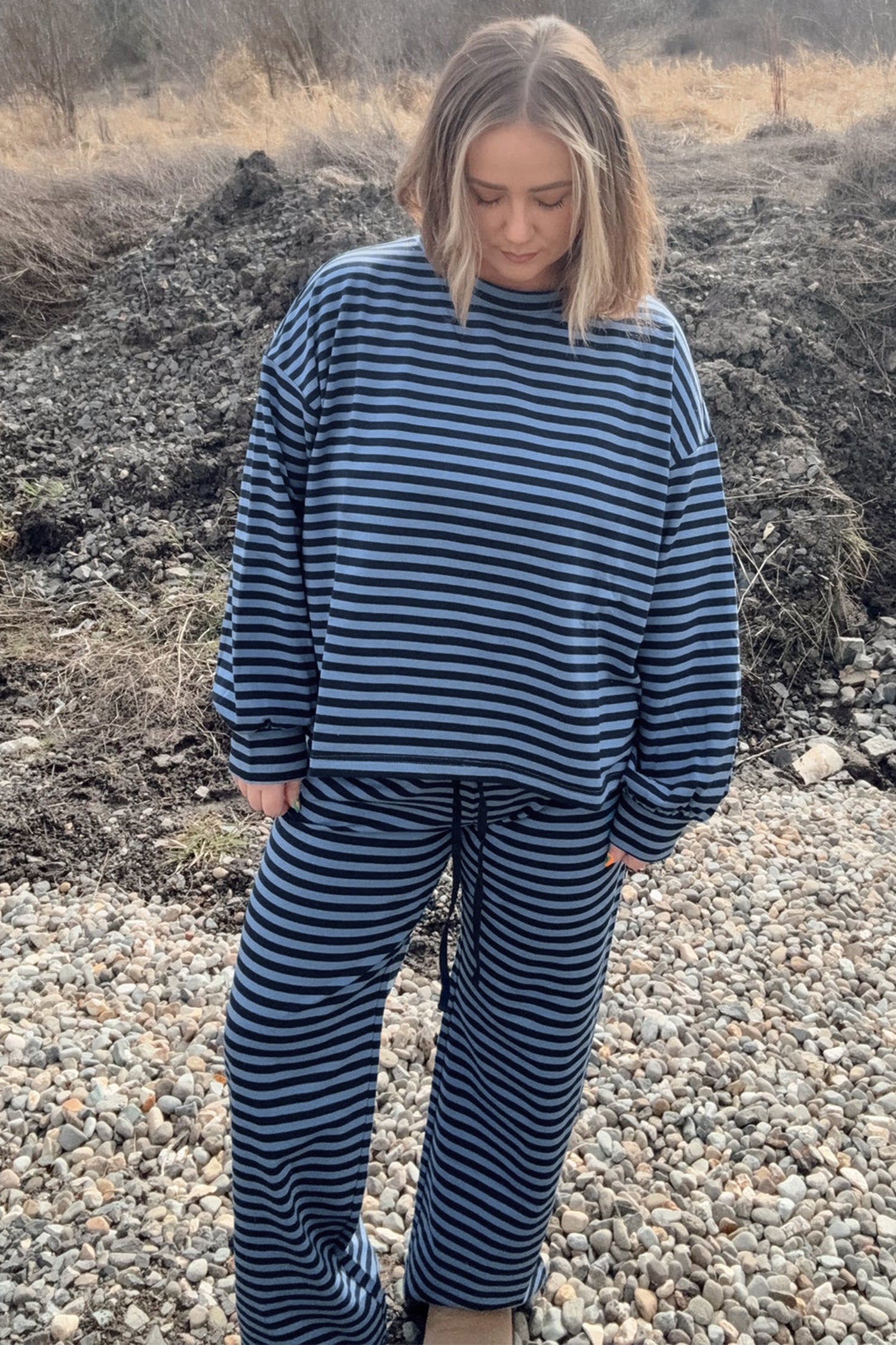 Long Sleeve Drawstring Waist Plus Size Lounge Pants Set – Blue Stripe