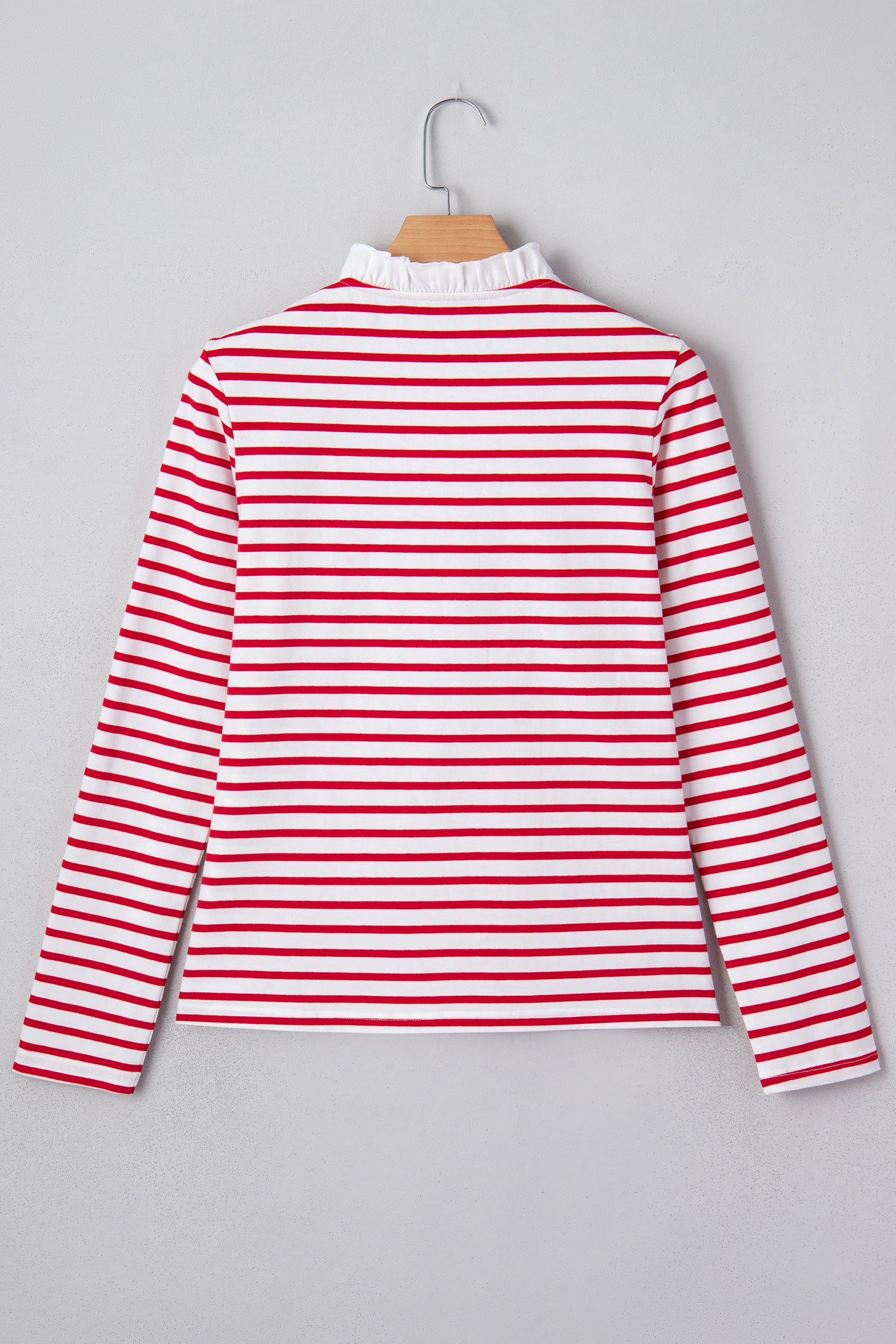 Stripe Contrast Frilled Trim Half Button Long Sleeve Top