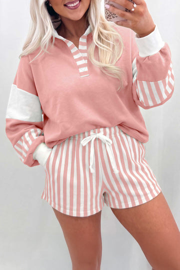 Gossamer Pink Striped Color Block Pullover Top Drawstring Shorts Set – Light Pink