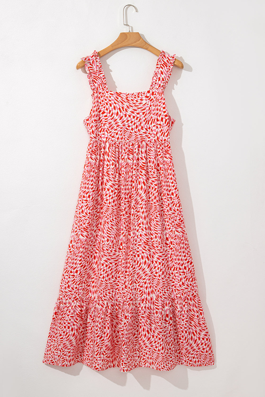 Pink Geometric Print Knot Back Sleeveless Ruffle Hem Dress eAura