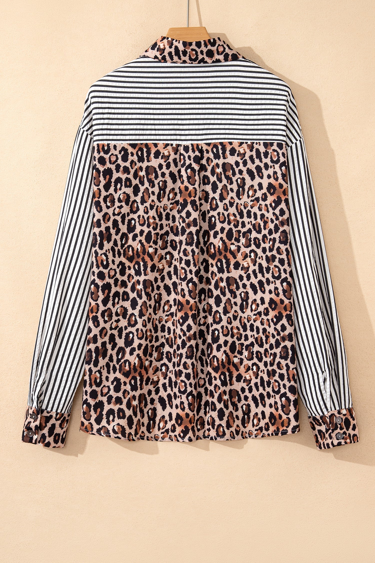 Striped Leopard Print Patchwork Button Up Shirt - eAura