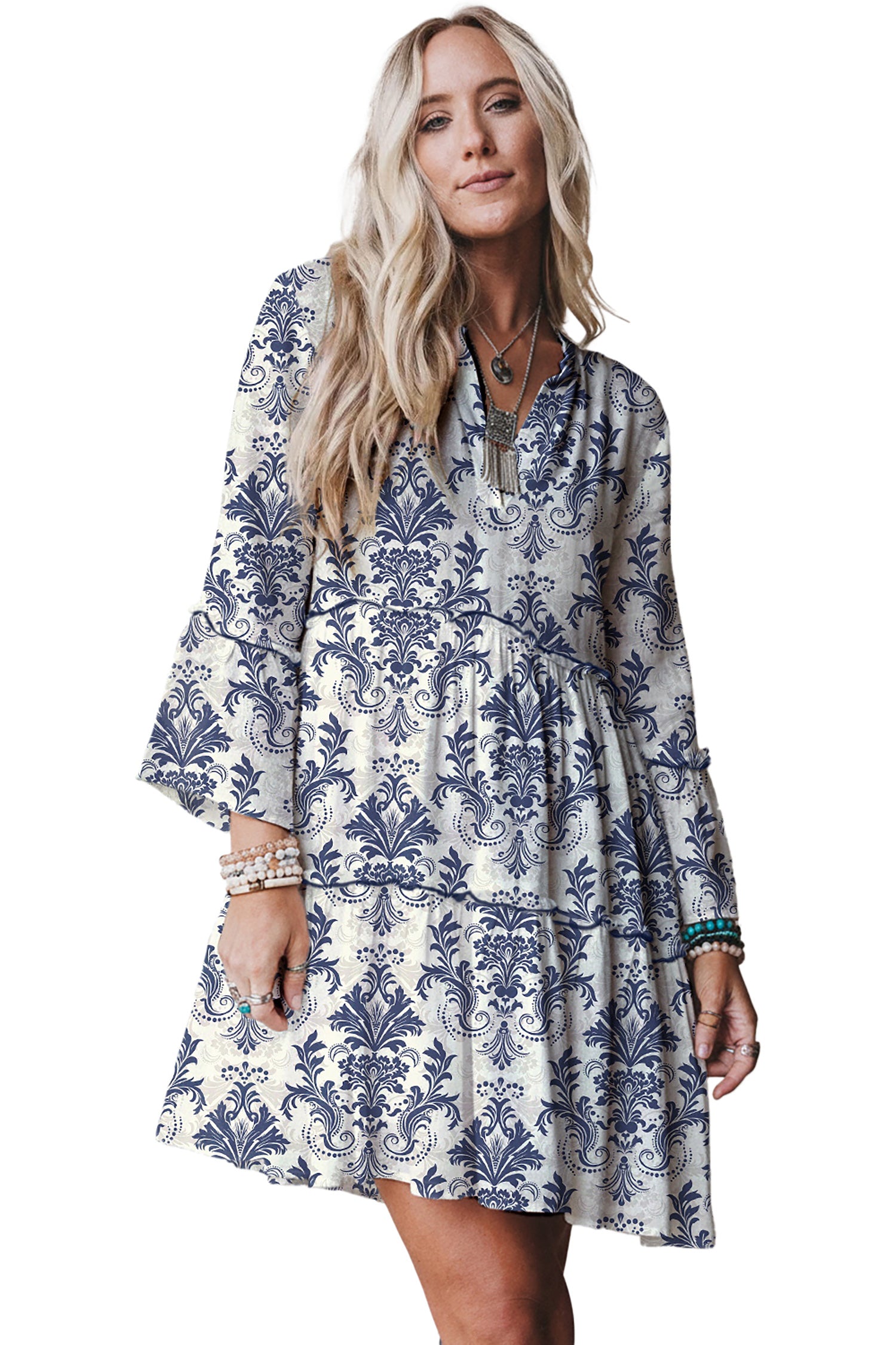 Boho Floral Print Lettuce Trim 3/4 Sleeve Mini Dress