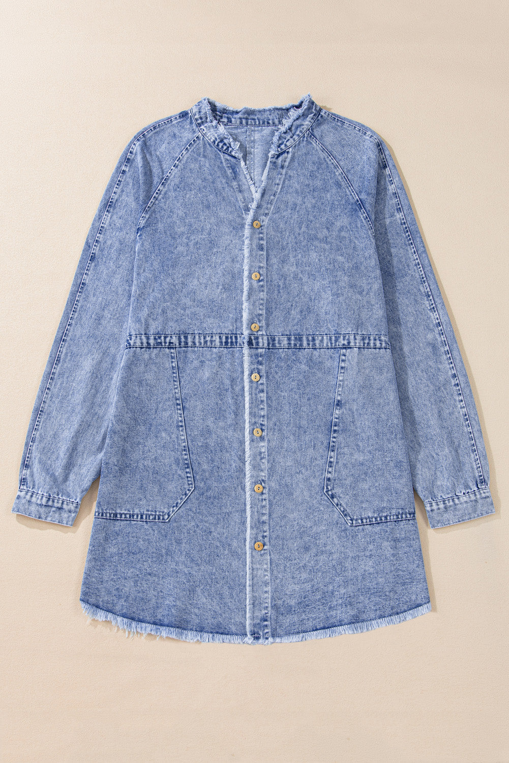 Beau Blue Mineral Wash Long Sleeve Button Up Raw Hem Pocketed Denim Dress eAura