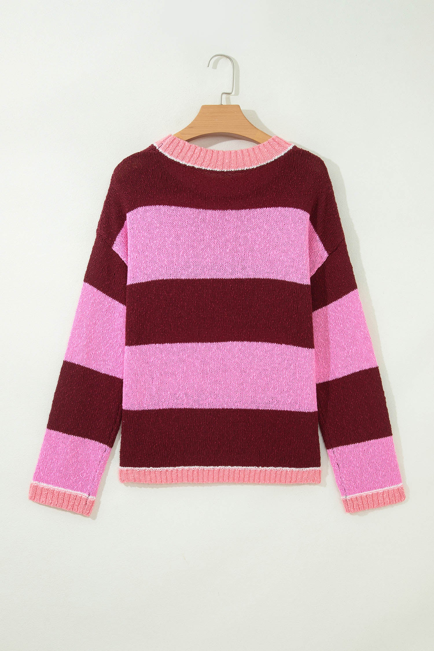 Striped Drop Shoulder Long Sleeve Pullover Regular Fit Knit Sweater – Pink Stripe