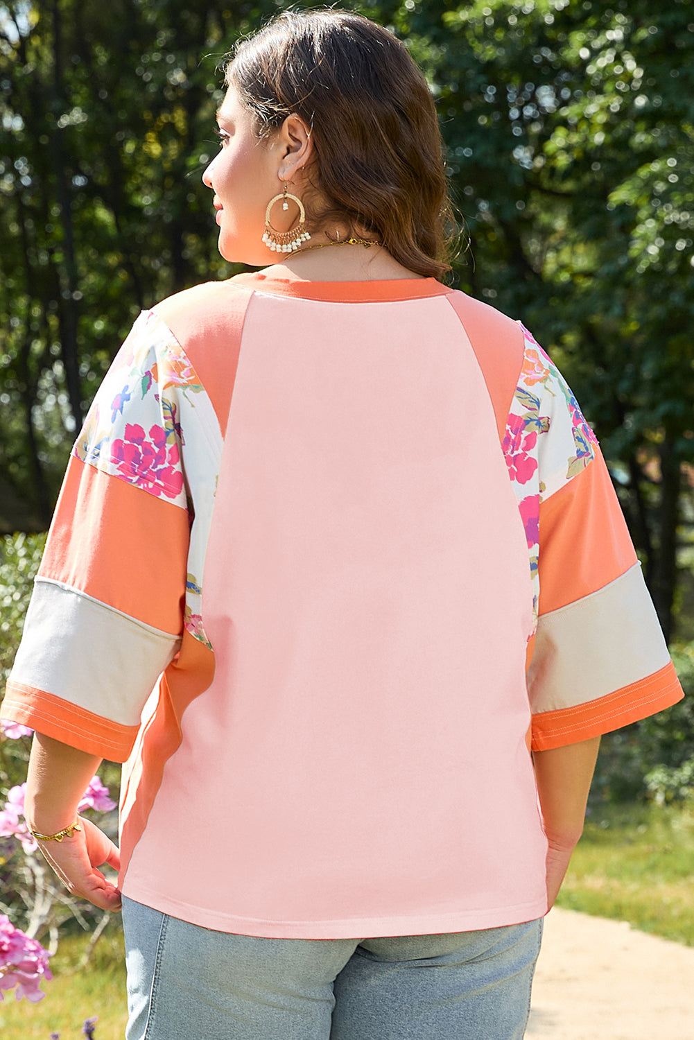 Orange Plus Size Floral Print Patchwork Raglan Half Sleeve Top BB Fashion Outlet