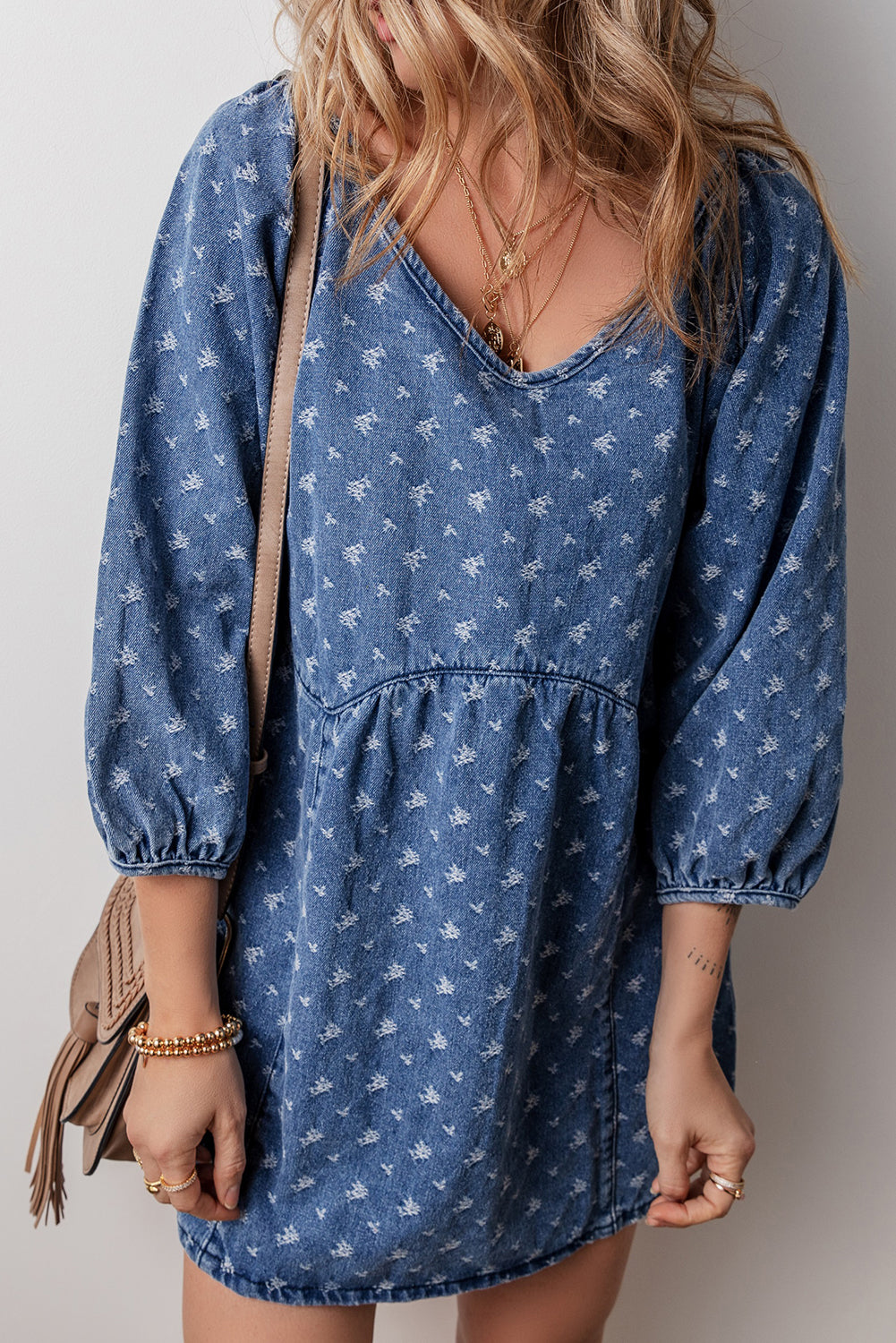 Ashleigh Blue Textured Open Back Loose Fit Denim Dress Beagle Boutique Fashion Outlet
