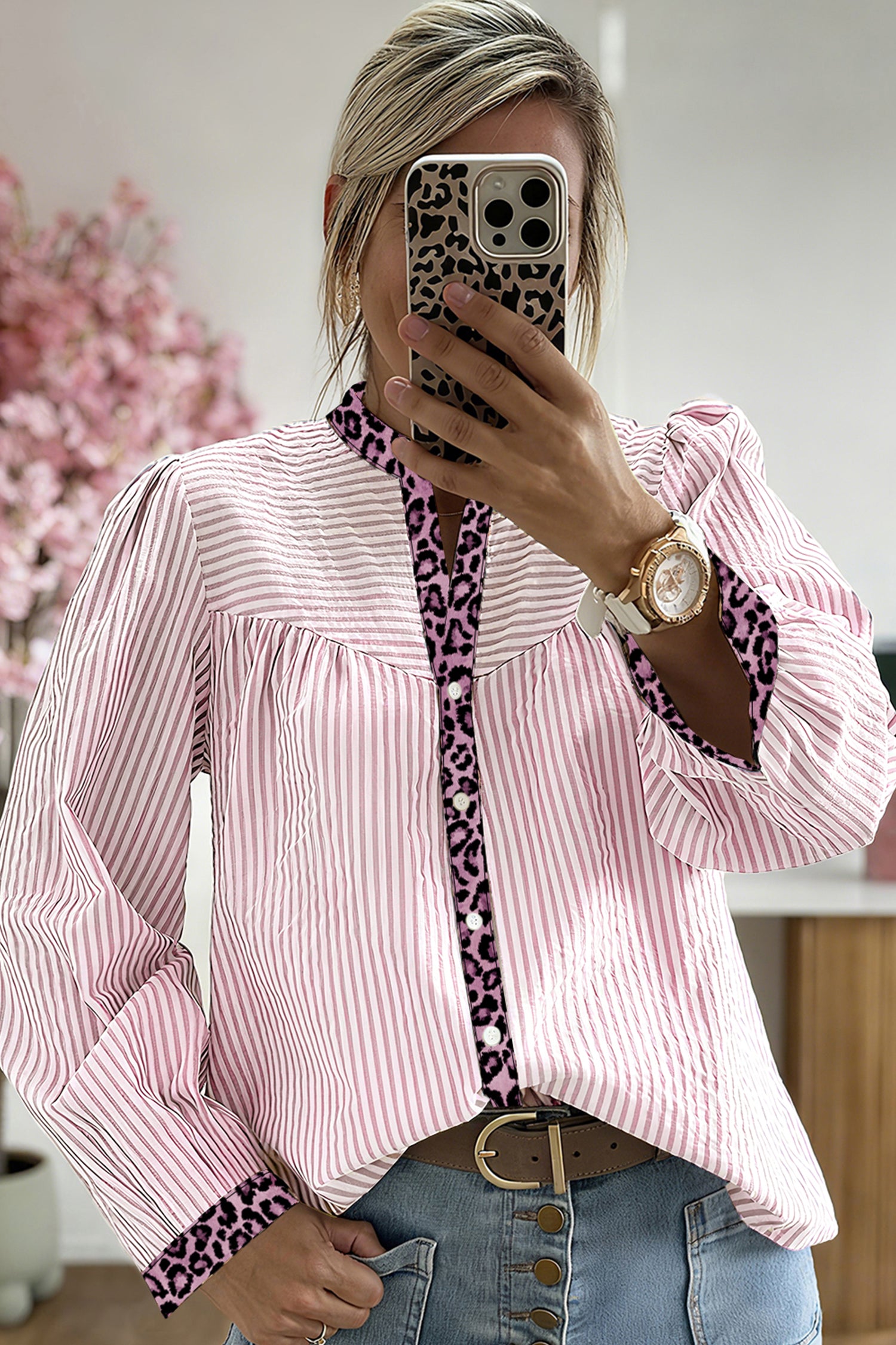 Stripe Leopard Patchwork Long Sleeve Shirt - Tops/Blouses & Shirts