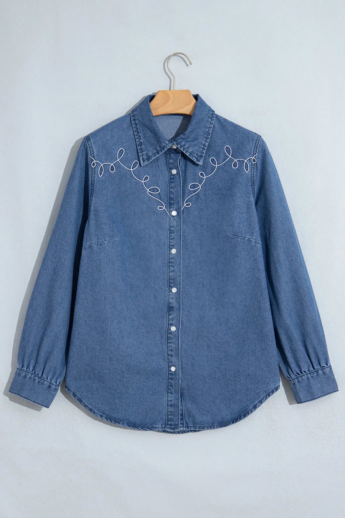 Western Embroidered Collar Long Sleeve Denim Shirt – Dusk Blue