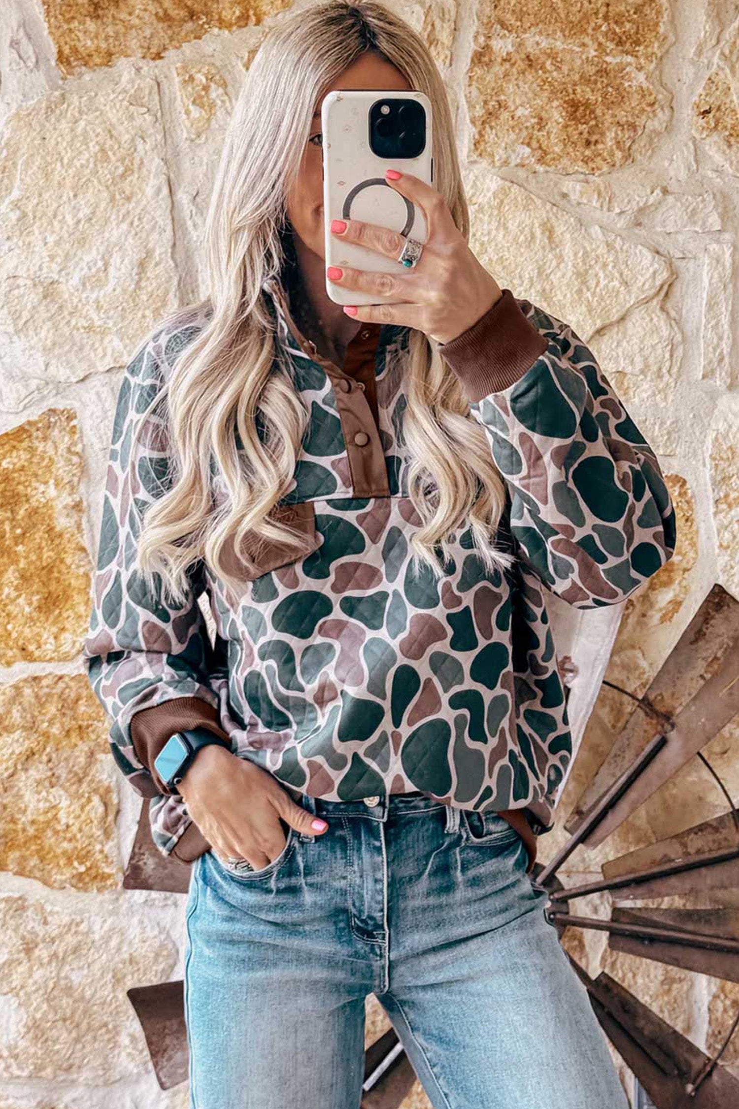 Retro Camouflage Pattern Color Block Detail Button Pullover Sweatshirt – Multicolour
