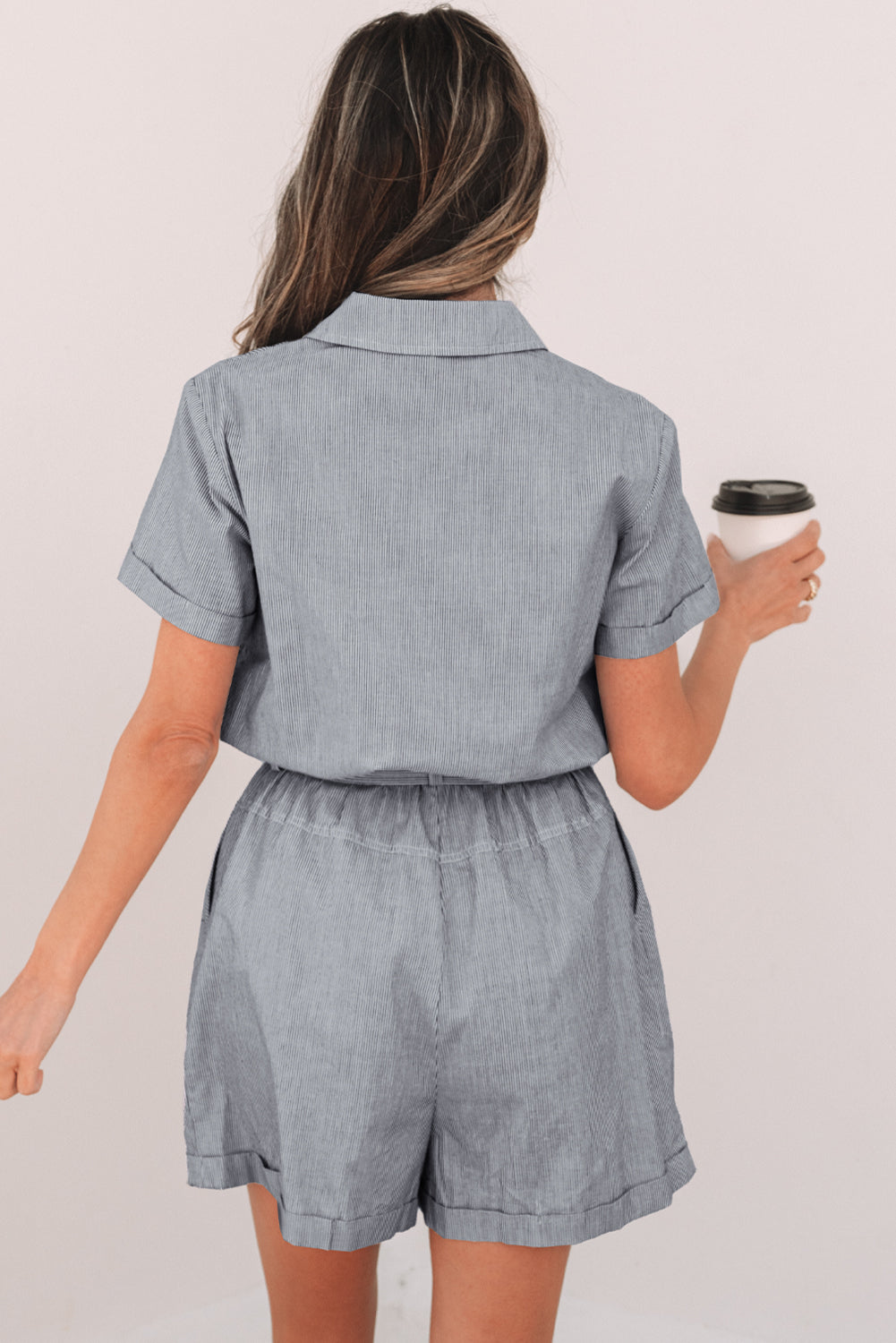 Blue Stripe Chest Pockets Buttoned Belted High Waist Romper eAura