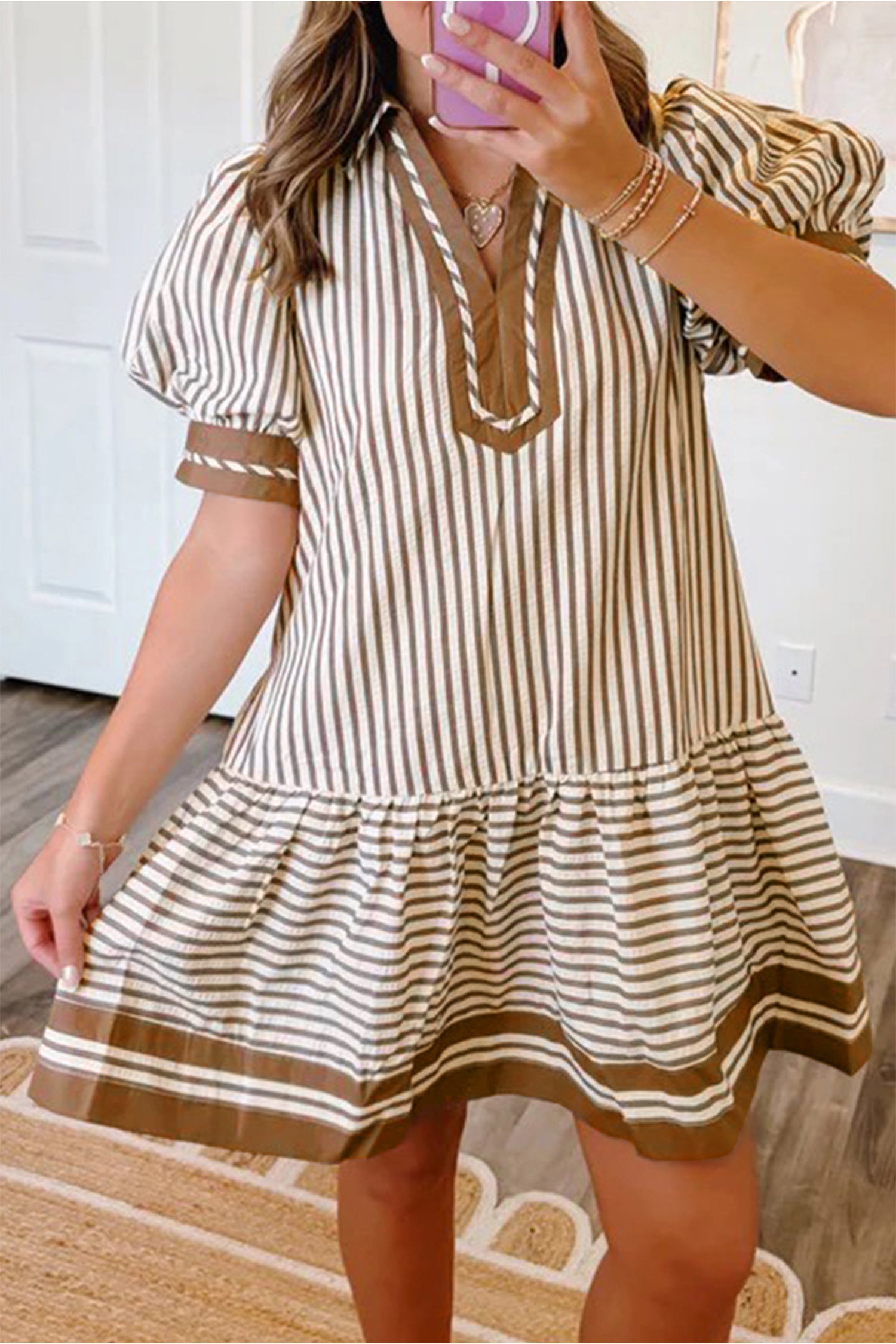 Shirt Collar Color Block Patchwork Trim Ruffle Hem Short Dress – Brown Stripe