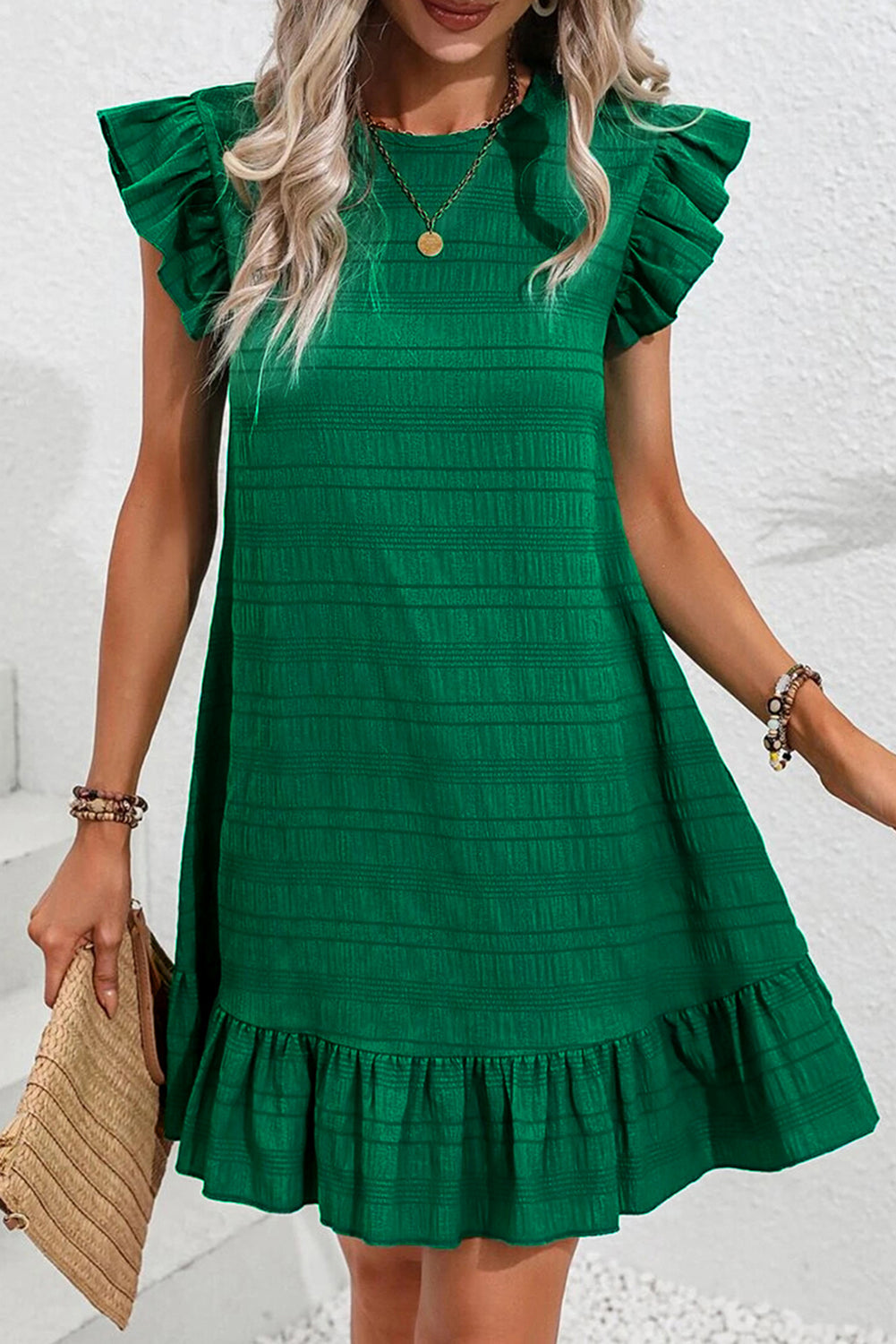 Textured Flutter Sleeve Ruffled Mini Dress eAura