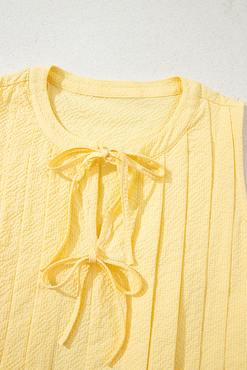 Yellow Cream Bow Tie Notched Neck Pleated Sleeveless Top eAura
