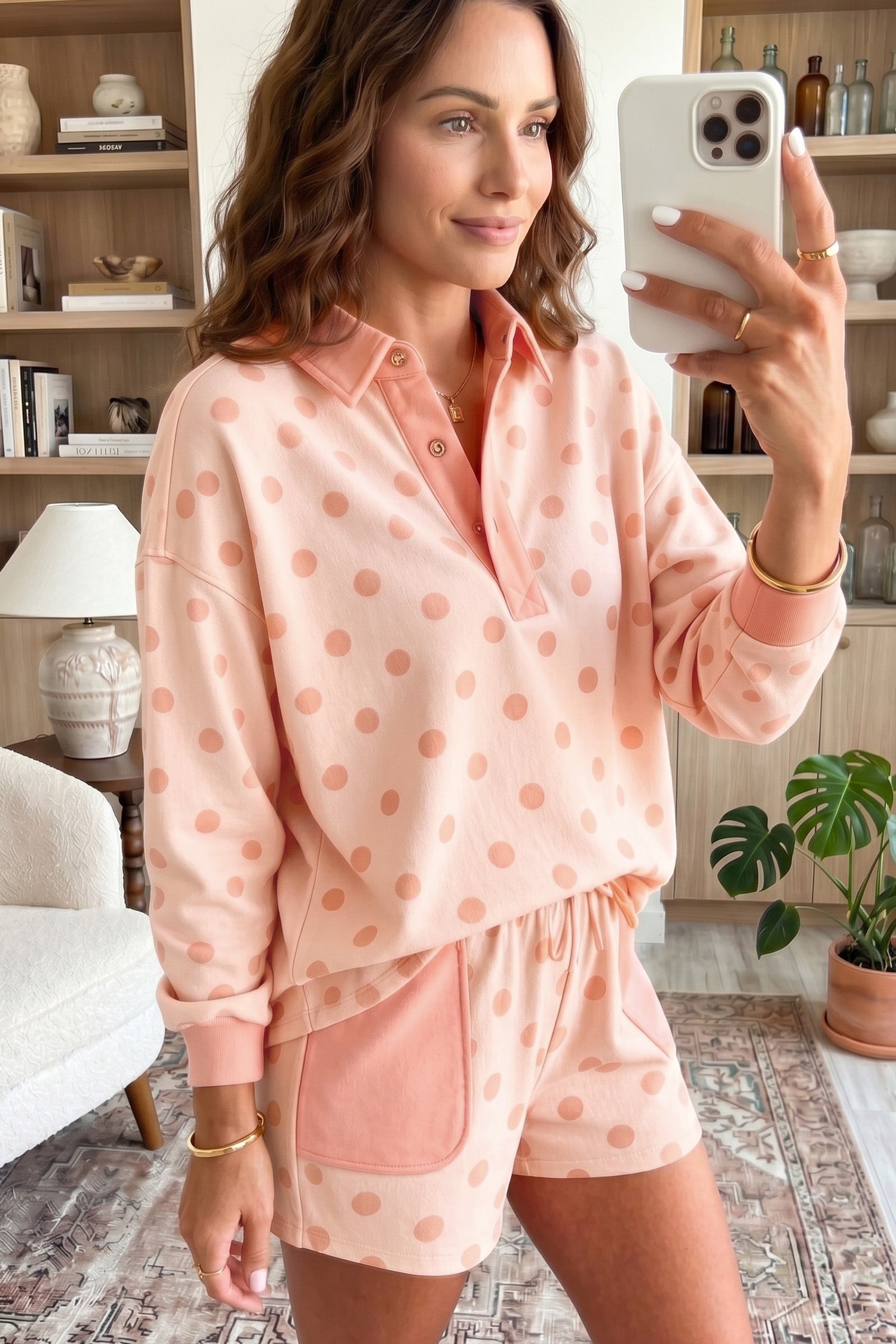 Polka Dot Drop Shoulder Polo Loose Pullover Patch Pocket Casual Shorts Set – Pink