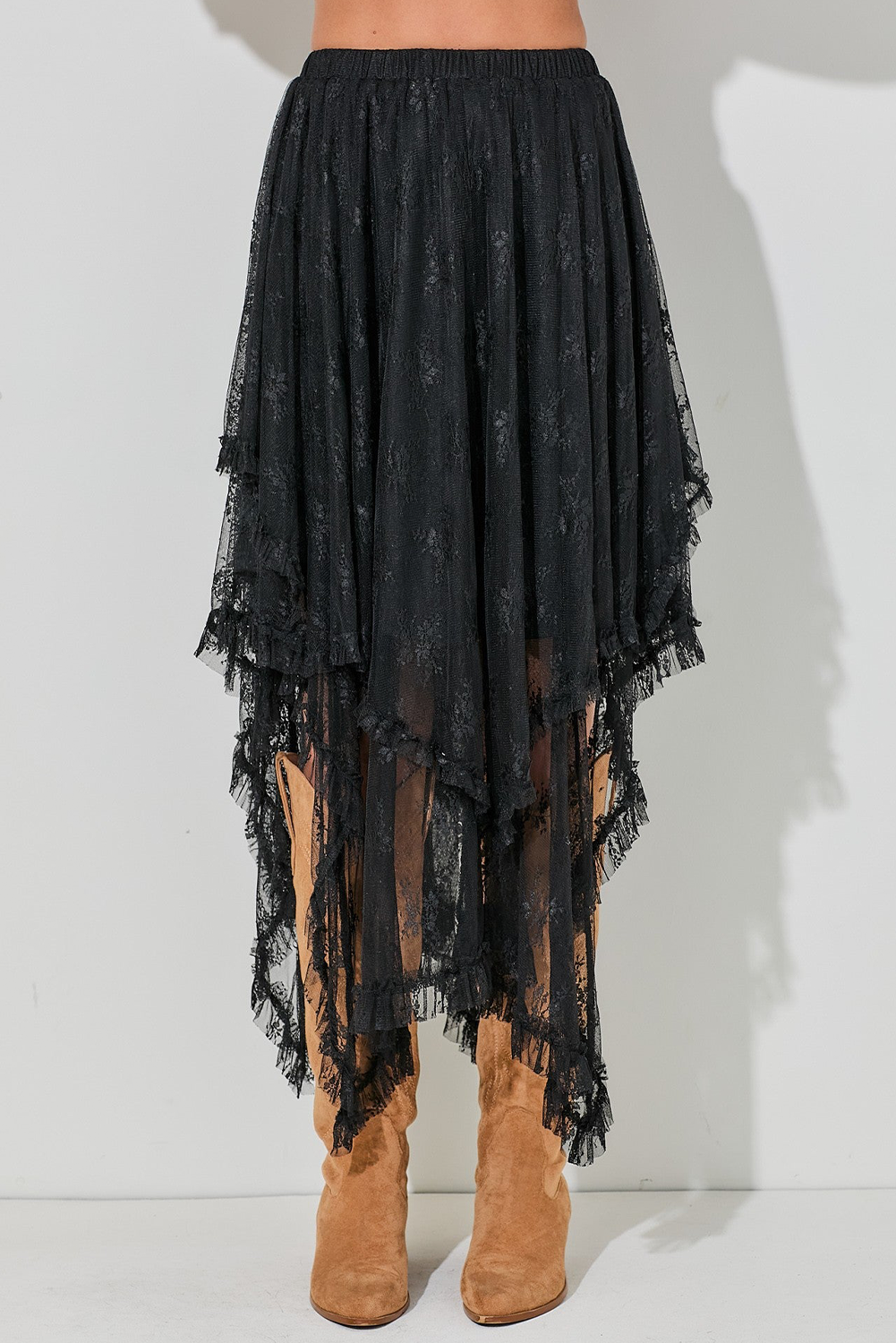 Black Lace Cascading Tiered High Waist Maxi Skirt - eAura