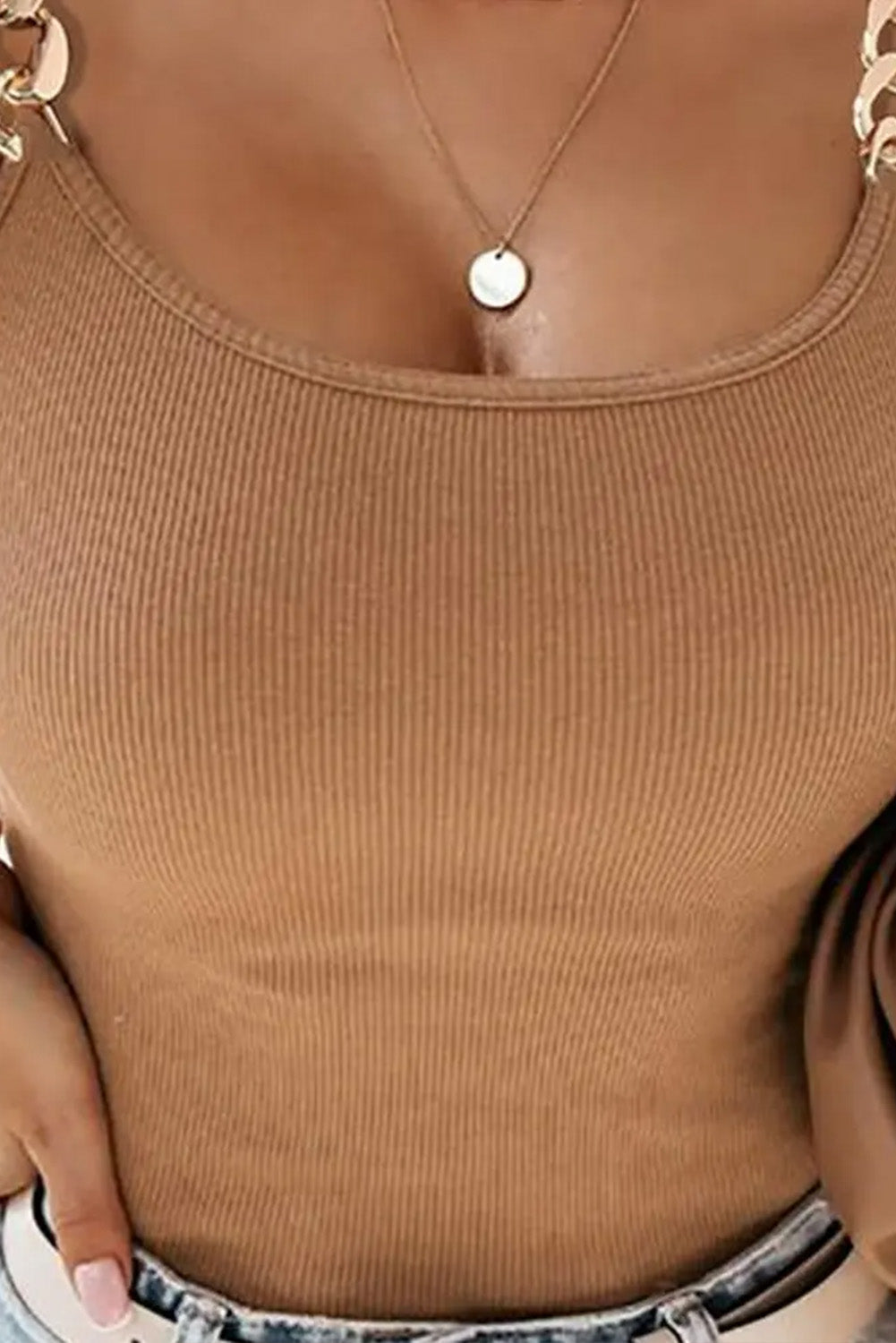 Brown Gold Chain Straps Rib Knit Tank Top BB Fashion Outlet