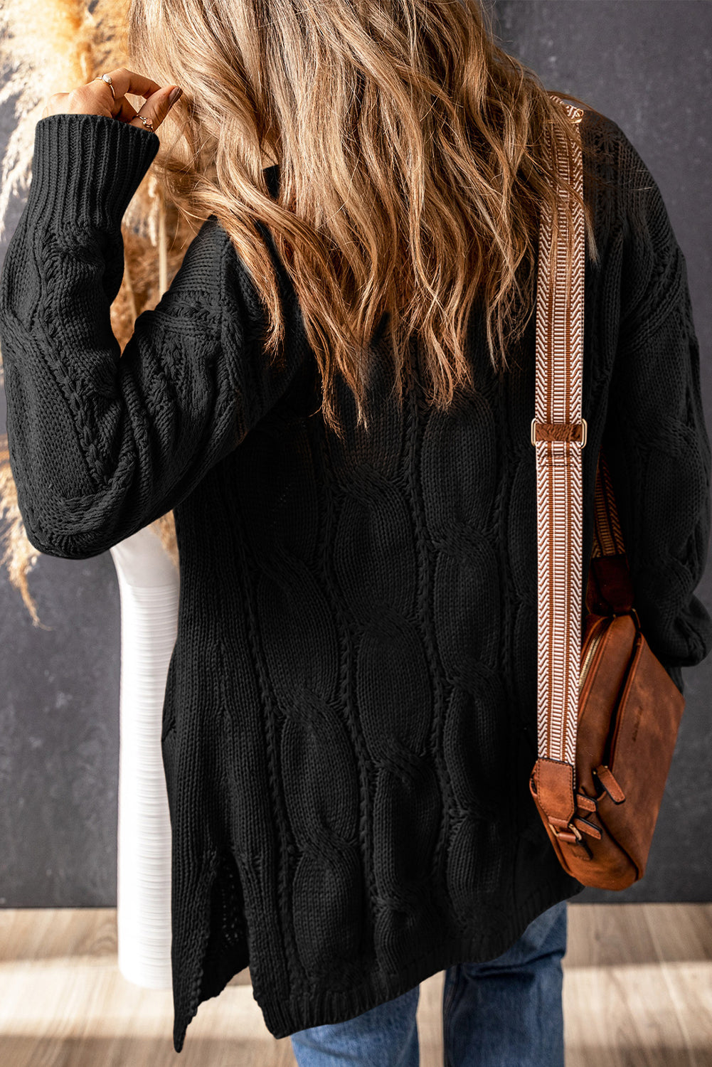 Black Ribbed Trim Eyelet Cable Knit Cardigan eAura