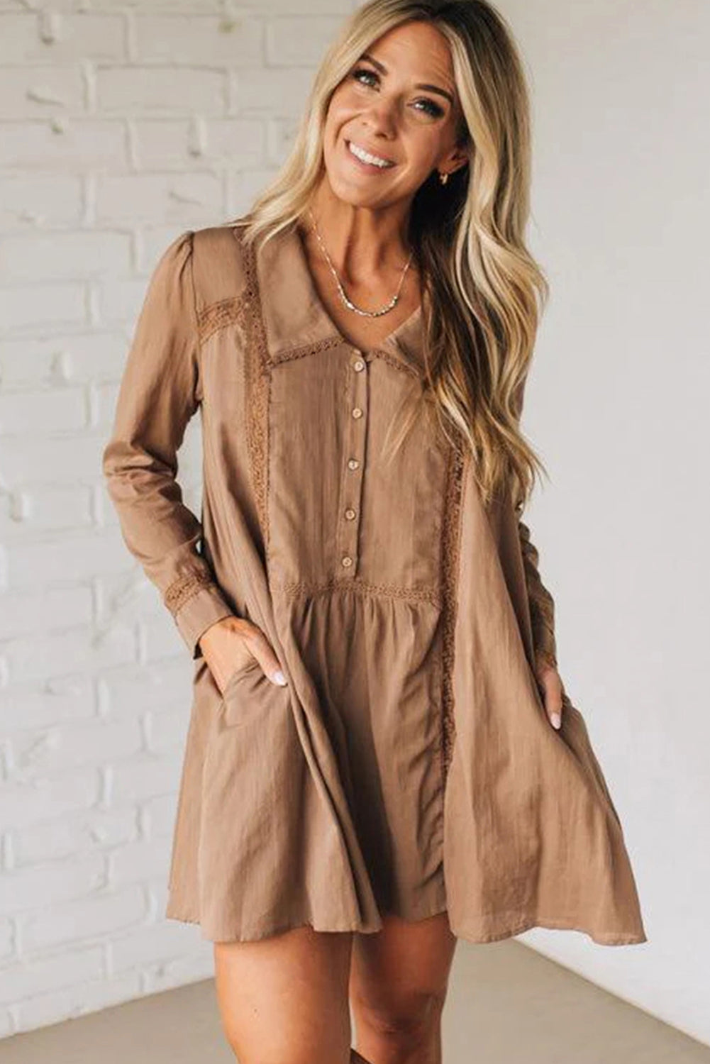 Lace Trim Peter Pan Collar Long Sleeve Mini Shirt Dress - eAura