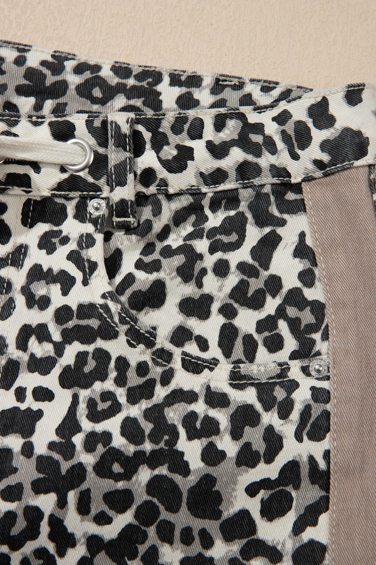 Leopard Print Drawstring Waist Straight Leg Jeans – Khaki