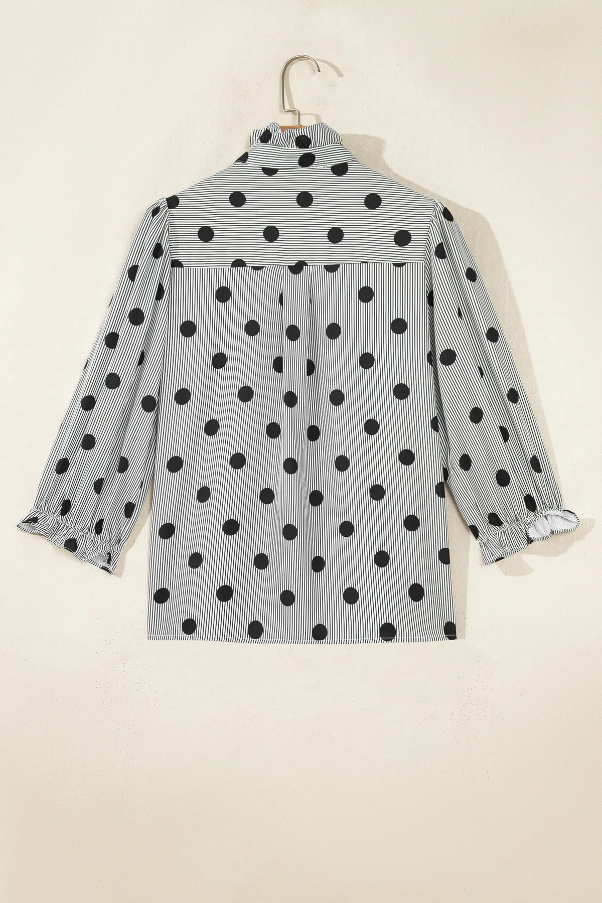 Polka Dot Striped Print Ruffle Stand Neck 3/4 Sleeve Shift Shirt – Black White