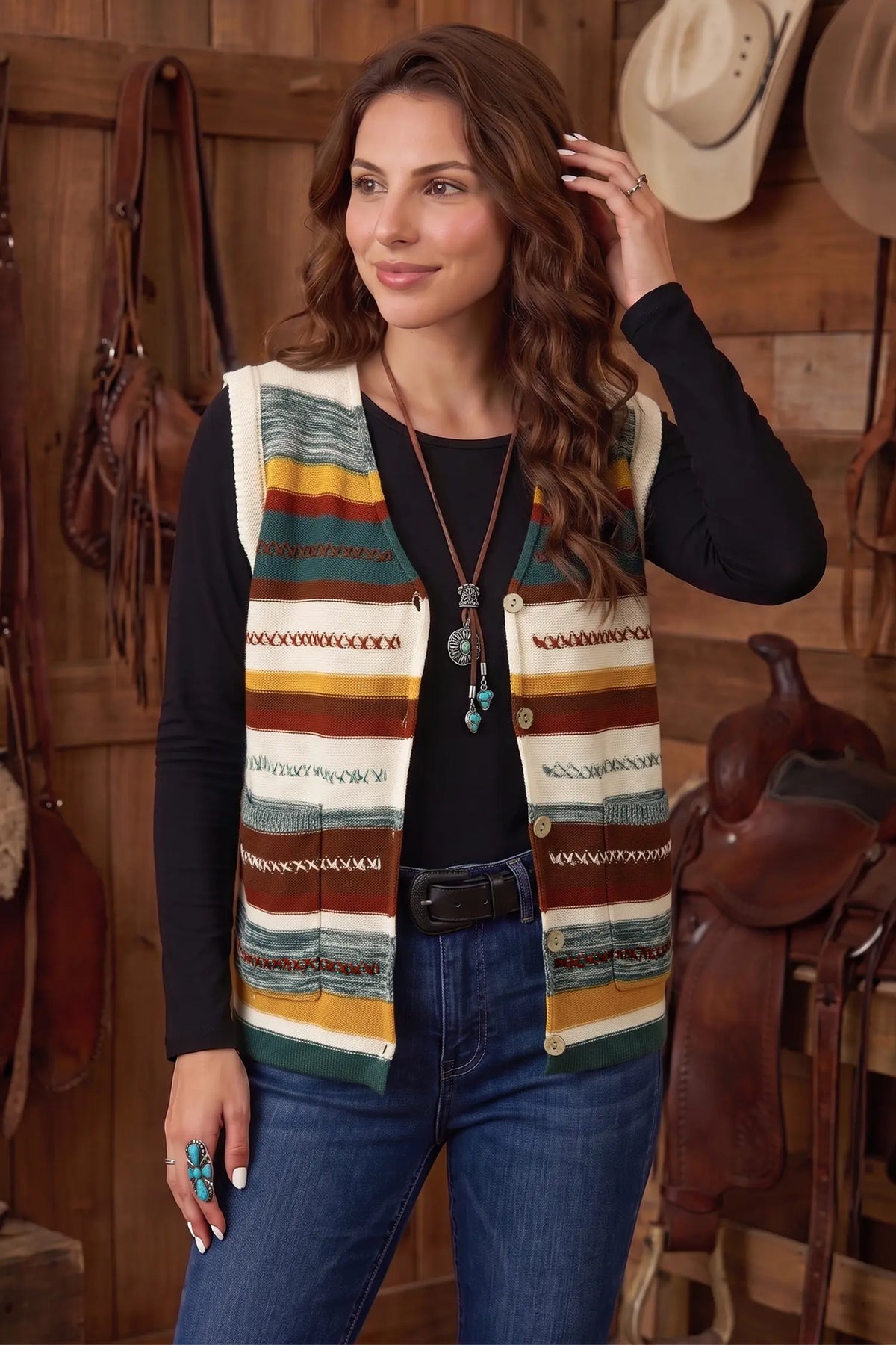Striped Button Front Sleeveless Knit Regular Fit Sweater Vest – Multicolour