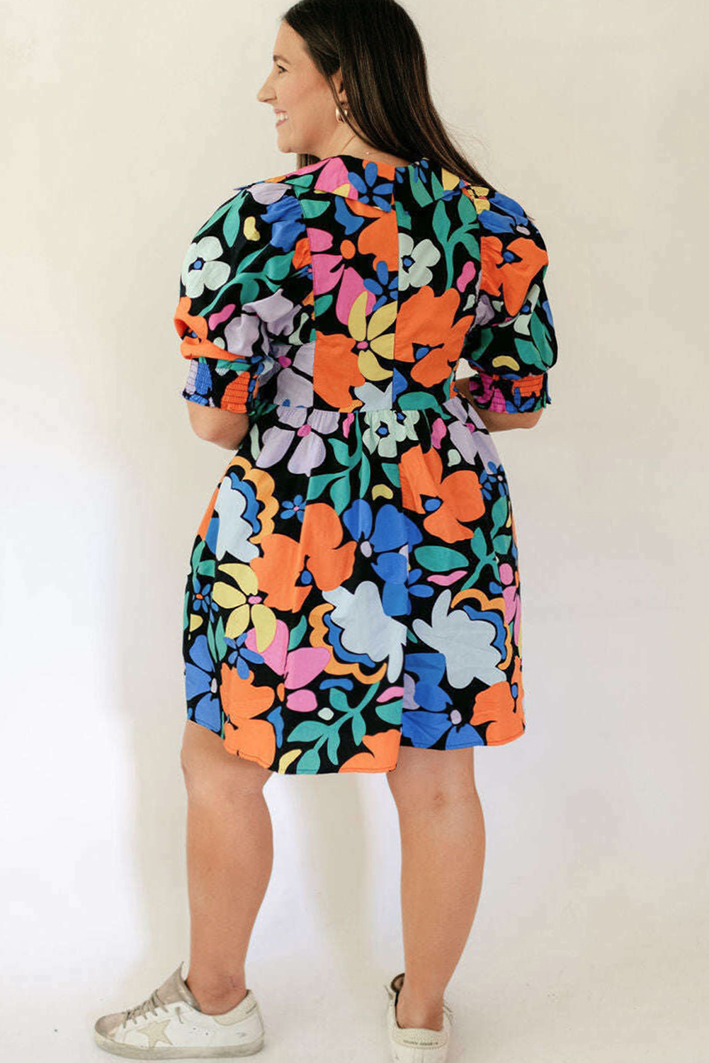 Blue Split Neck Collared Plus Floral Dress BB Fashion Outlet