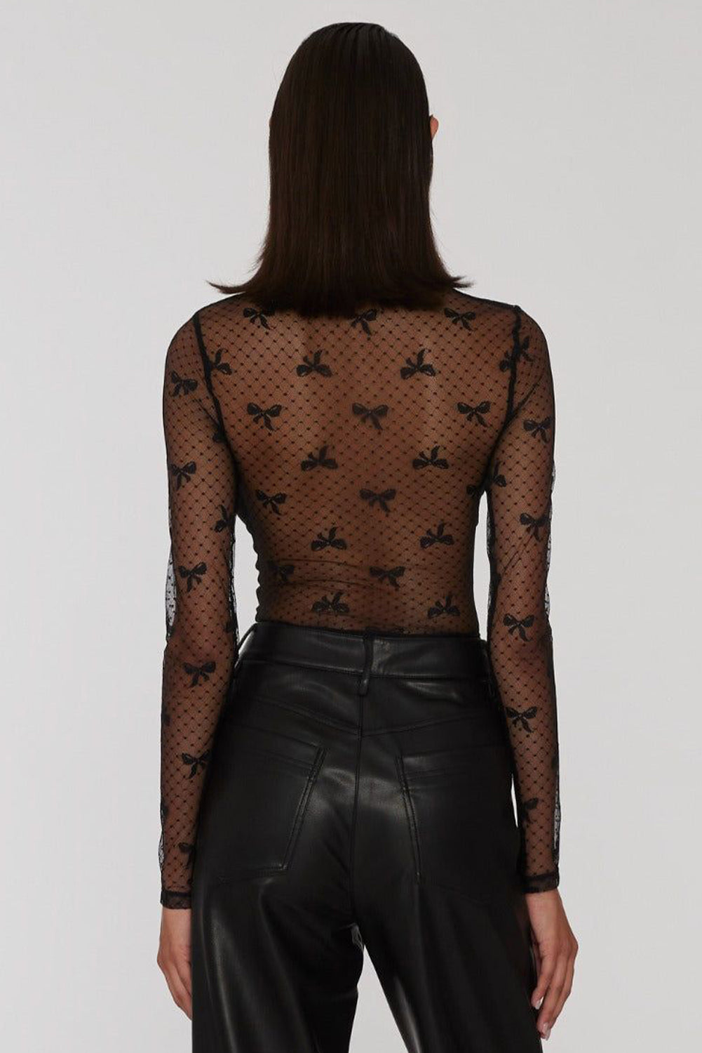 Black Bow Pattern Accent Mesh Long Sleeve Top eAura