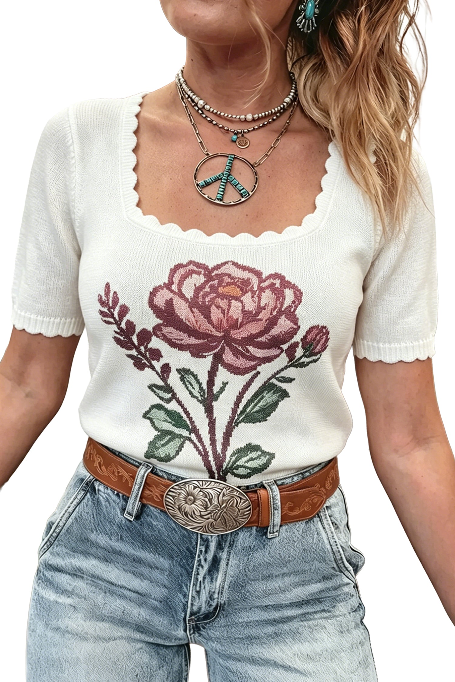 Western Floral Print Short Sleeve Square Collar Knit Sweater – White