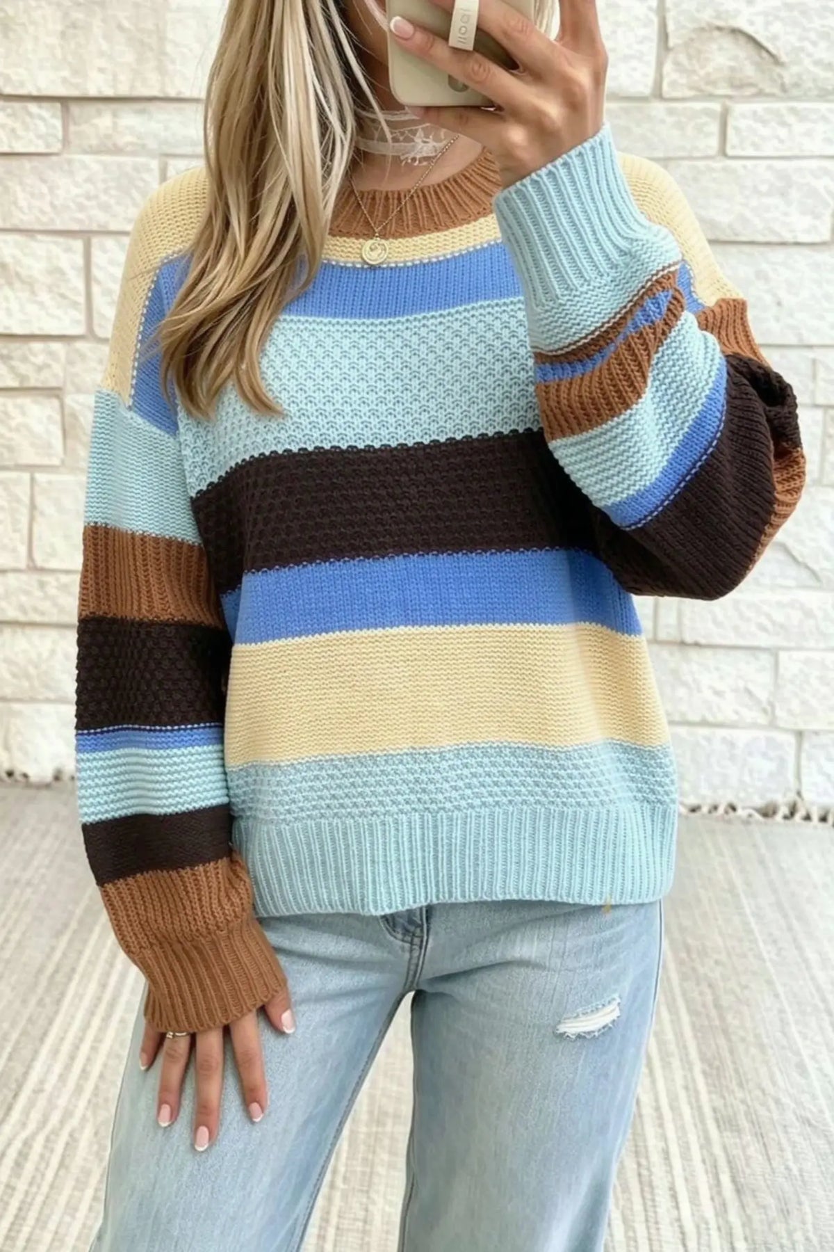 Colour Block Striped Round Neck Relaxed Sweater