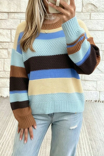 Colour Block Striped Round Neck Relaxed Sweater