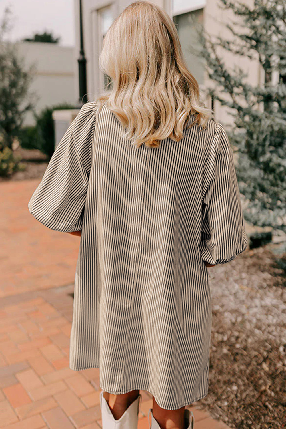 Striped Colour Block Patchwork Shirt Collar Button Down Puff Sleeve Mini Dress