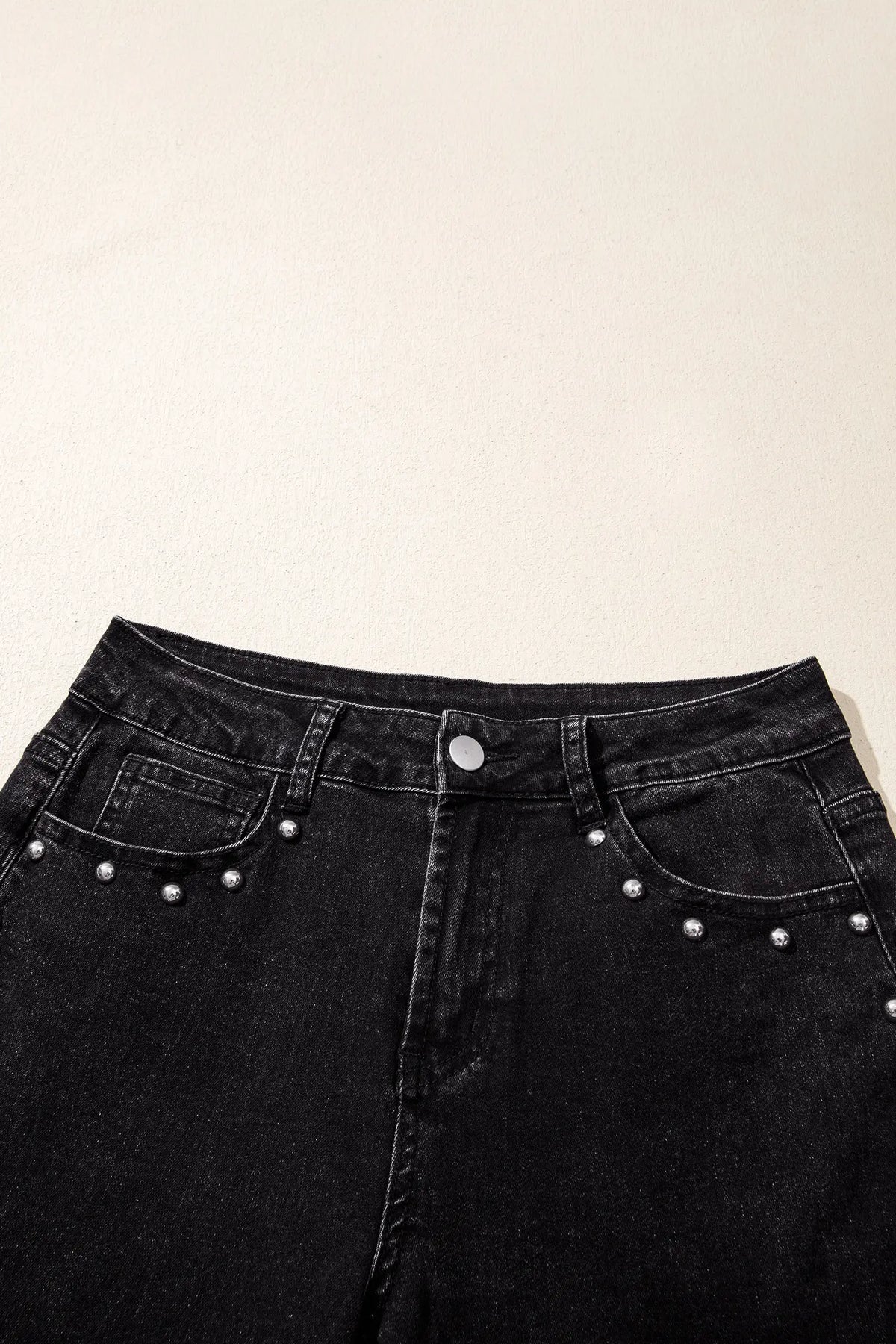 Studded Detail Straight Leg Casual Loose Jeans – Black