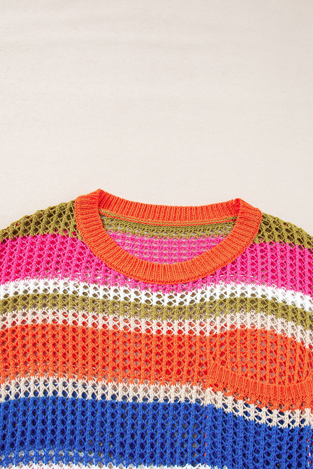 Pink Stripe Colourblock Hollowed Crochet 3/4 Sleeve Sweater eAura