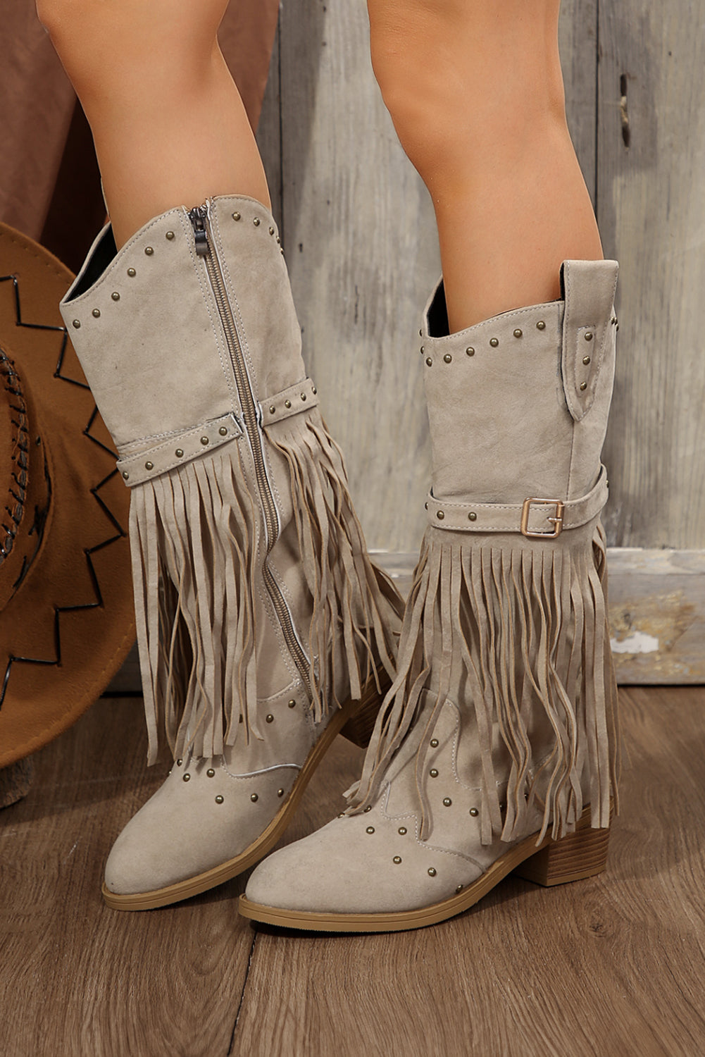 Jet Stream Faux Suede Studded Fringe Trim Heel Boots - eAura