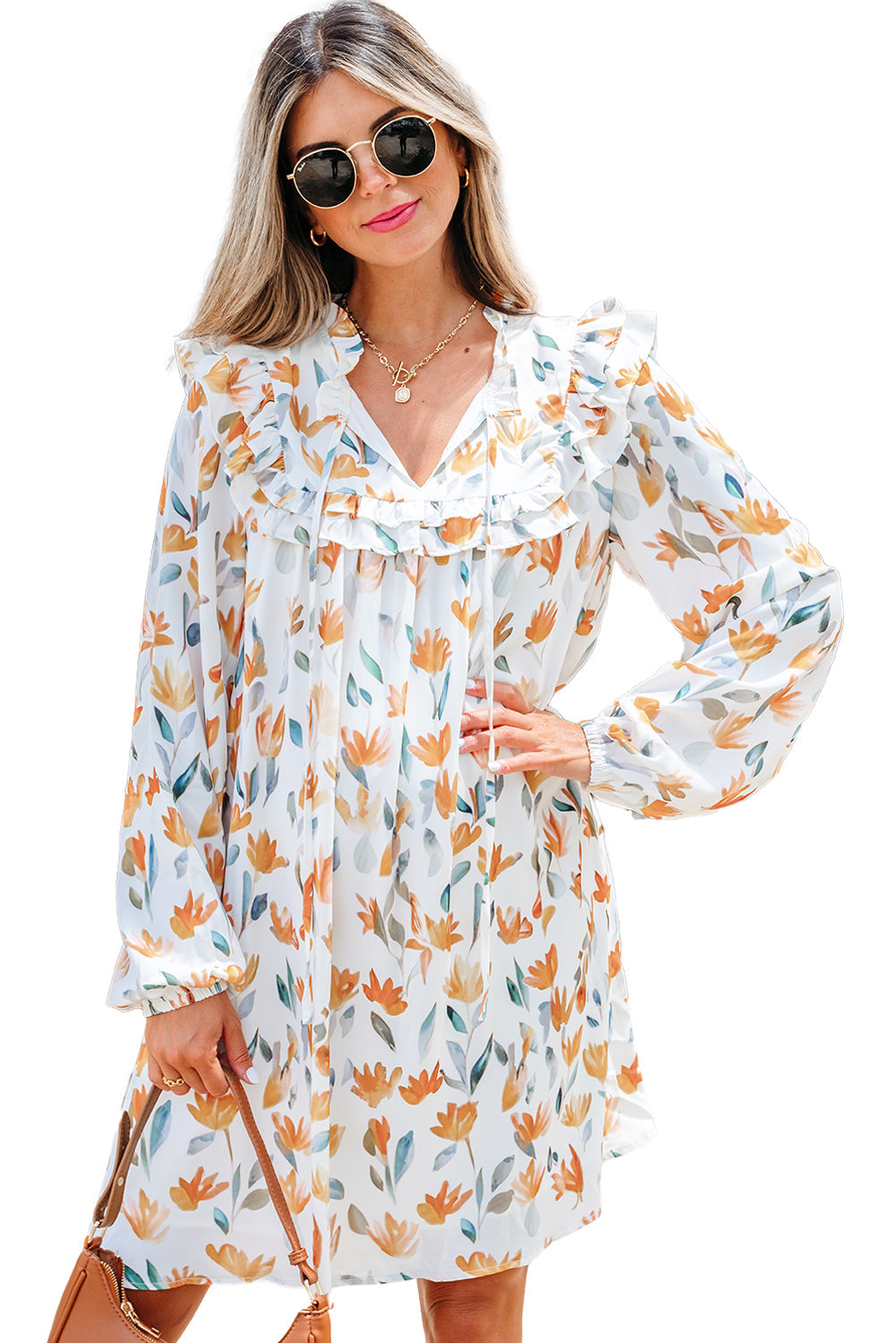 Yellow Floral Print Tie Neck Frilled Detail Long Sleeve Mini Dress eAura