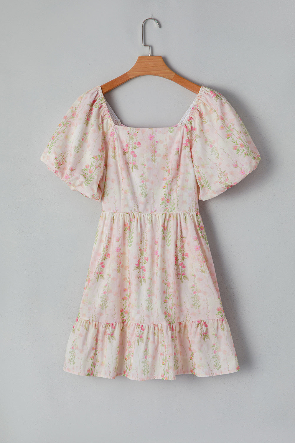 Pink Floral Puff Sleeve Square Neck Knotted Open Back Ruffled Mini Dress eAura