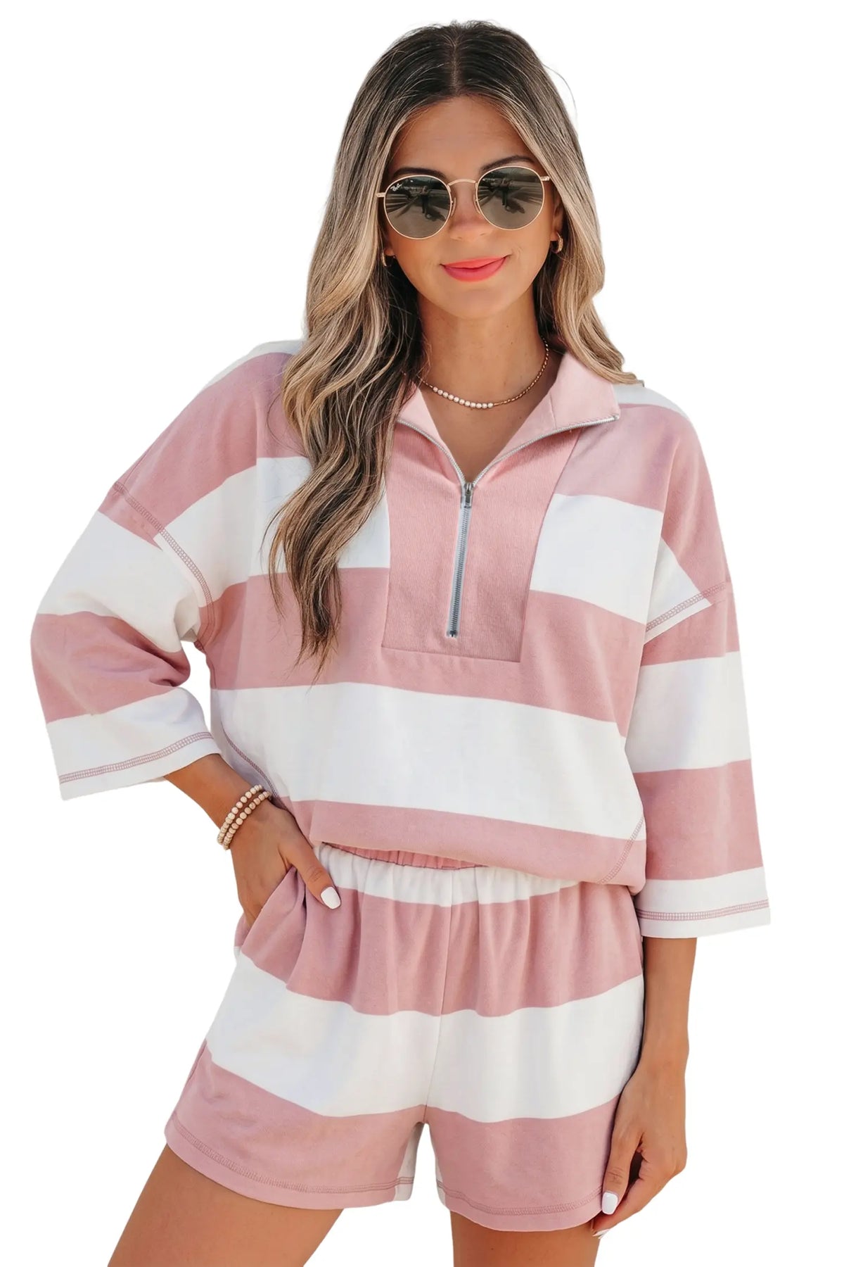 Half Zip Bracelet Sleeve Top Casual Short Set – Pink Stripe