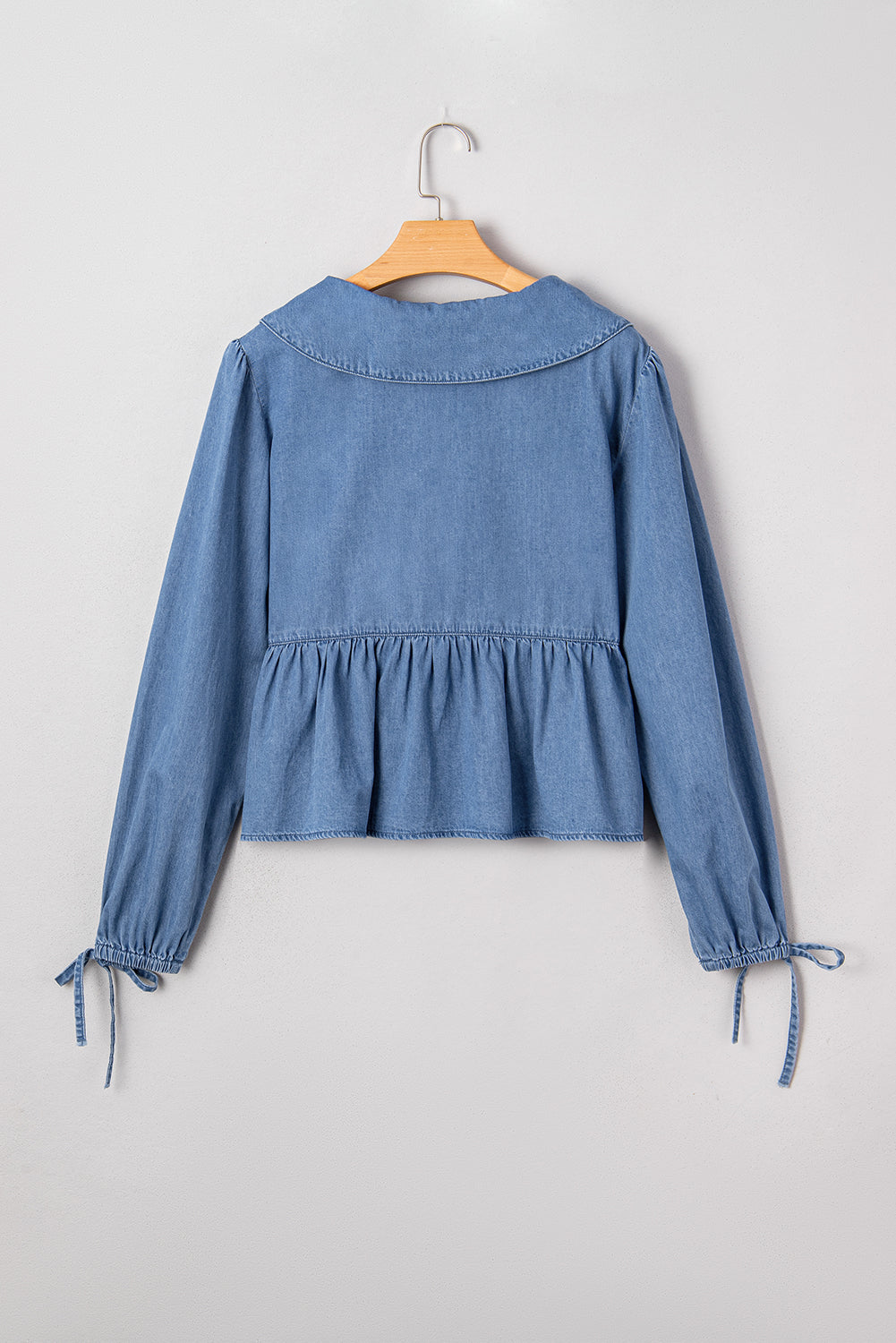 Dusk Blue Denim Lapel Neck Balloon Sleeve Tied Peplum Top Dear-Lover Dropshipping