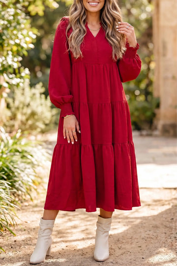 Solid Colour Ruffle Trim Long Sleeve Tiered Shift Midi Dress – Racing Red
