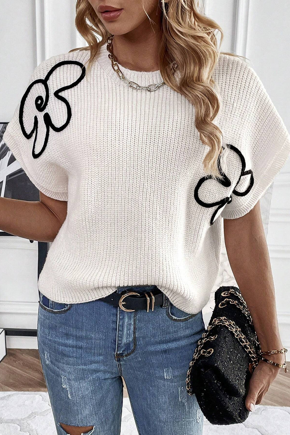 White Flower Embroidery Sweater Top eAura