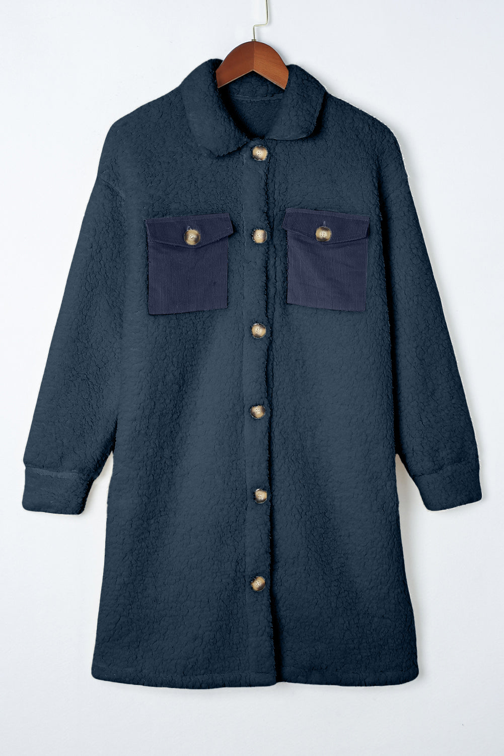 Blue Contrast Flap Pocket Single Breasted Teddy Coat Dear-Lover Dropshipping