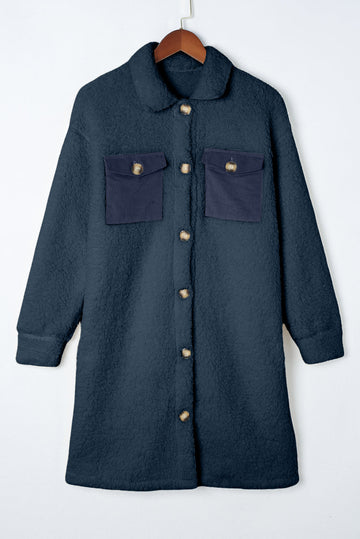 Blue Contrast Flap Pocket Single Breasted Teddy Coat Dear-Lover Dropshipping