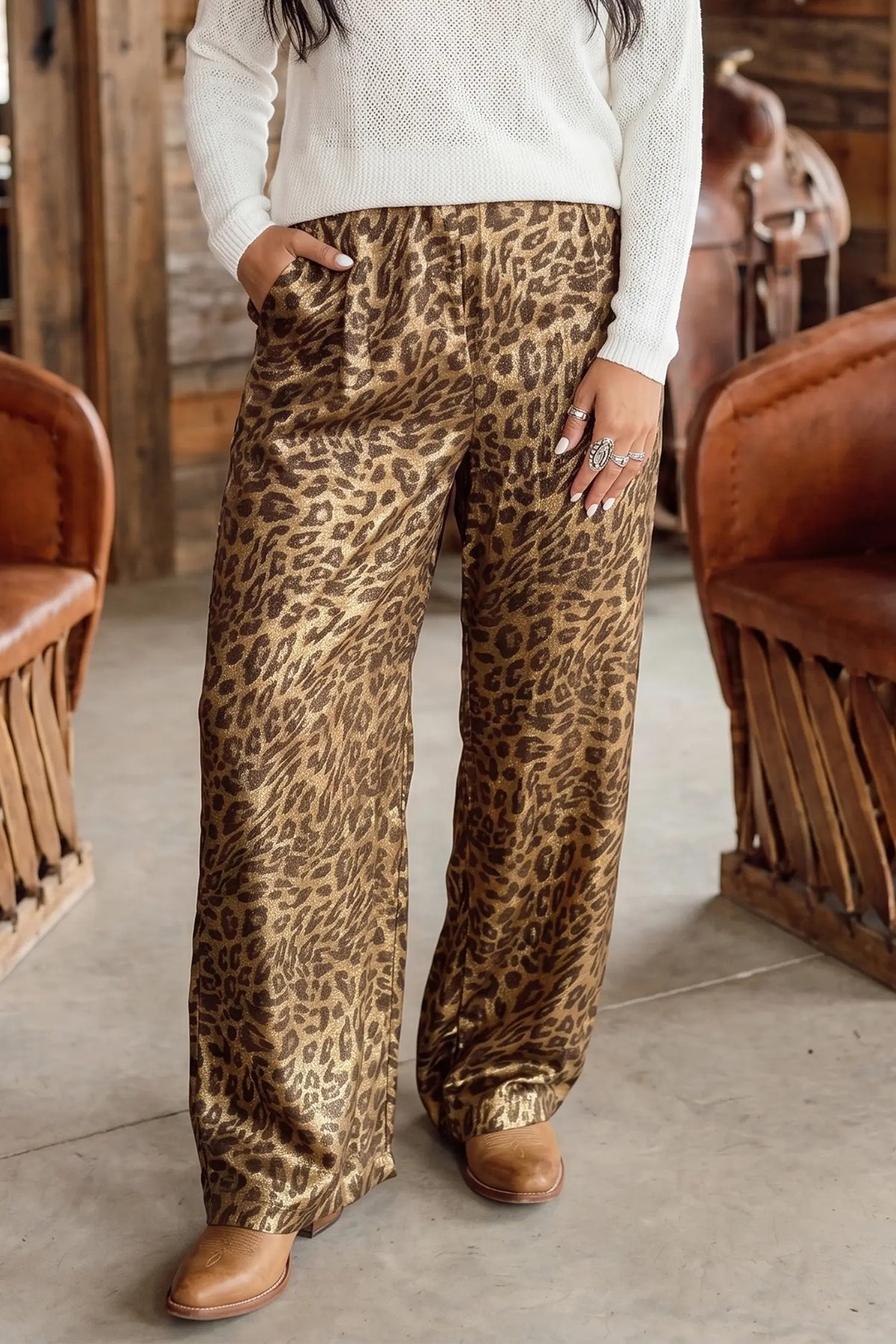 Leopard Print Western Style Wide Leg Full Length Pants – Multicolour