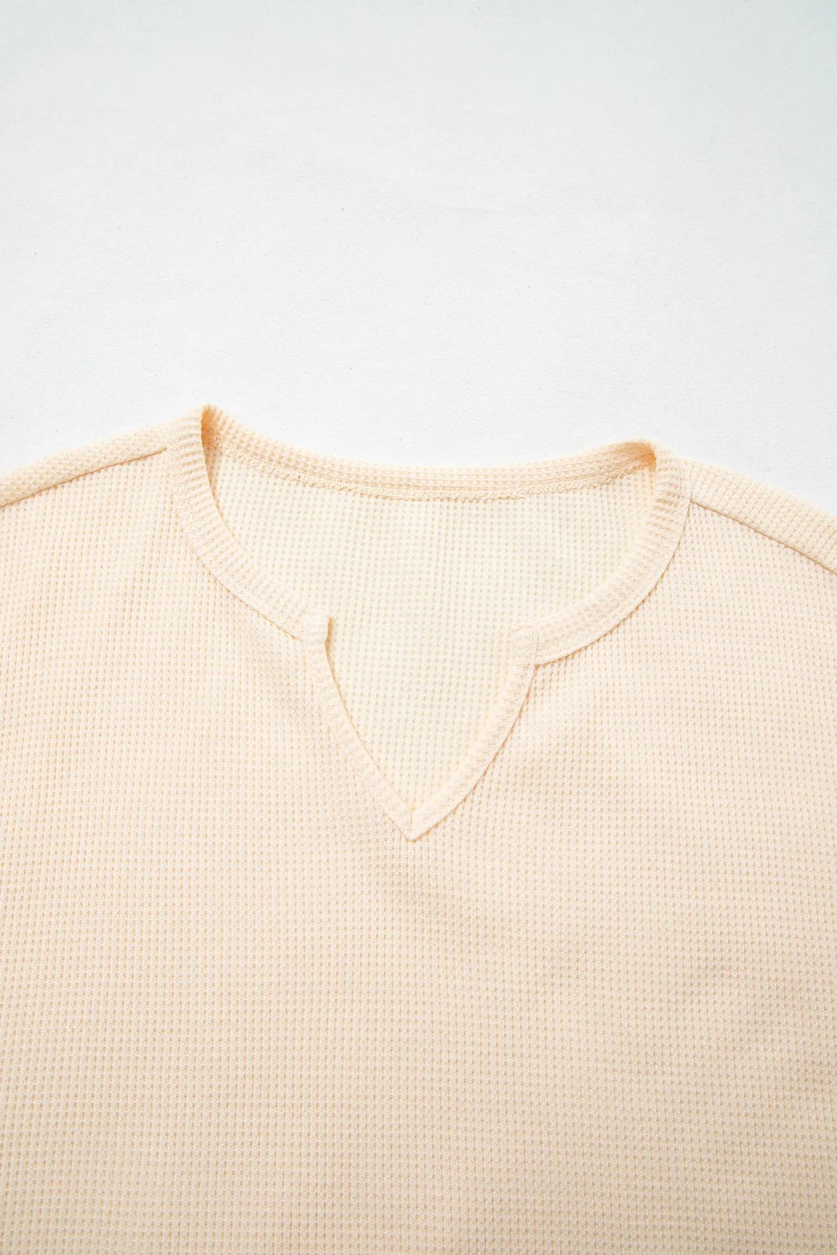 Waffle Textured V Neck Plaid Colourblock Drop Shoulder Long Sleeve Top – Beige