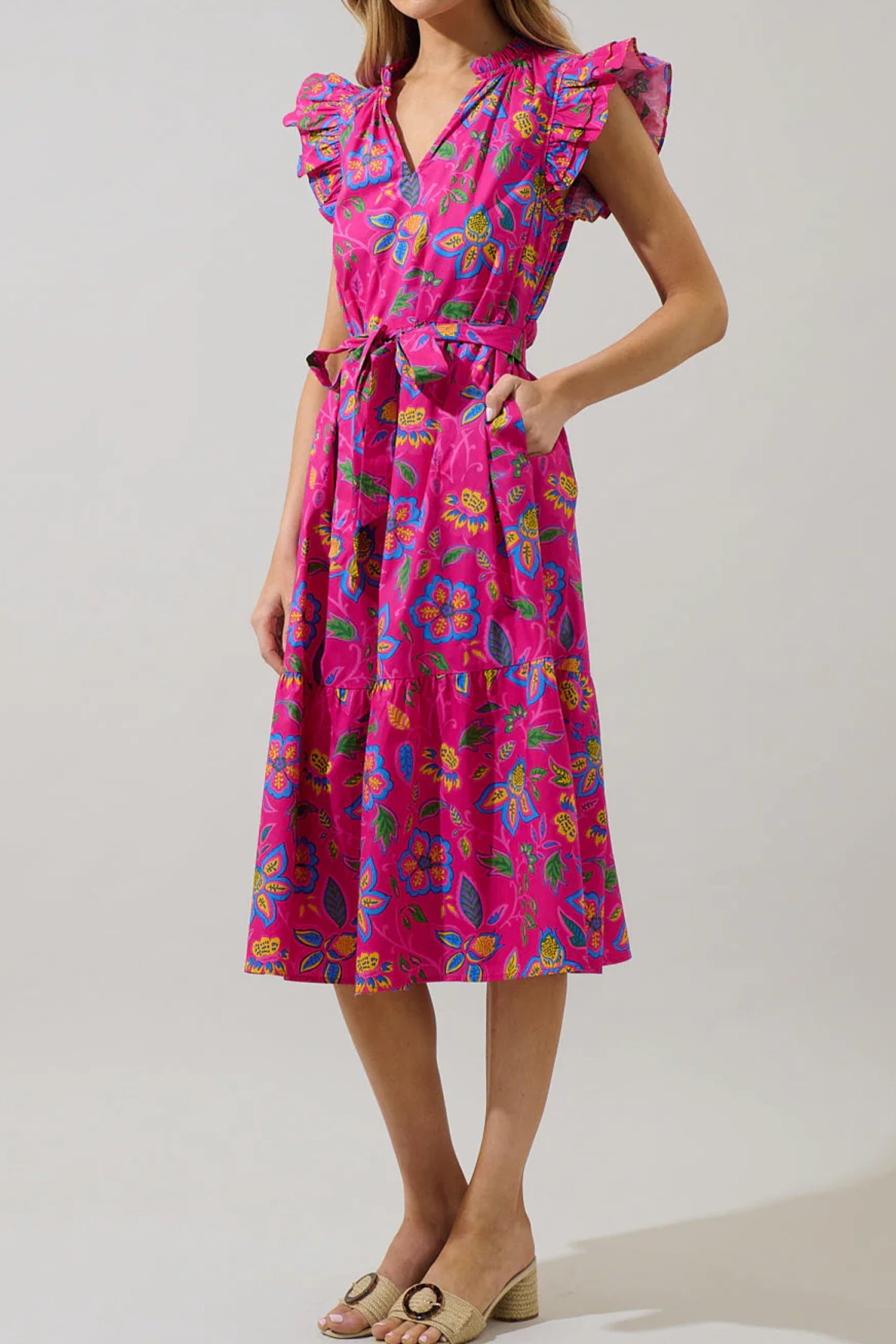 Flutter Sleeve Belted Floral Long Dress